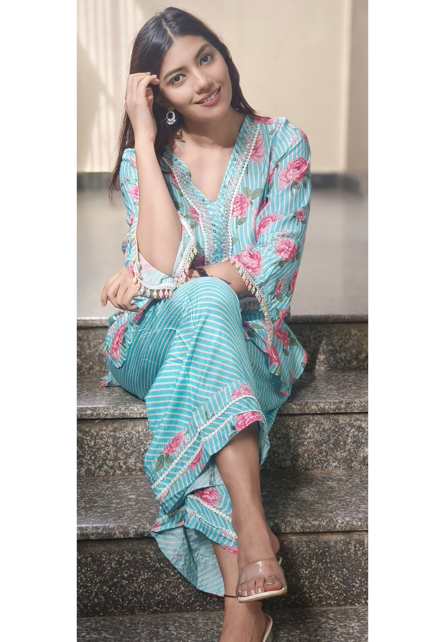 Crosia Lace With Pearl Work Floral Kurta Pant Set