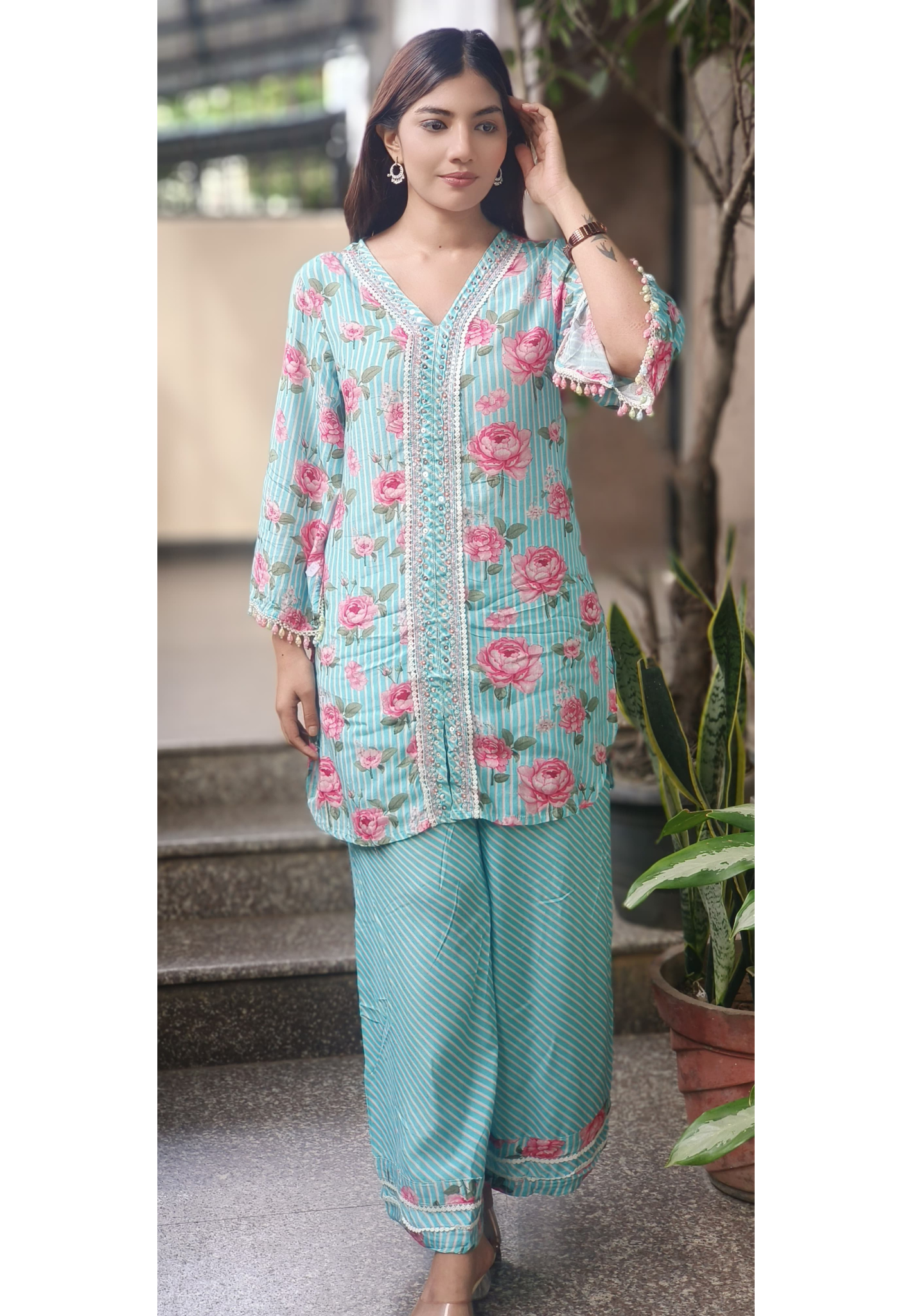 Crosia Lace With Pearl Work Floral Kurta Pant Set
