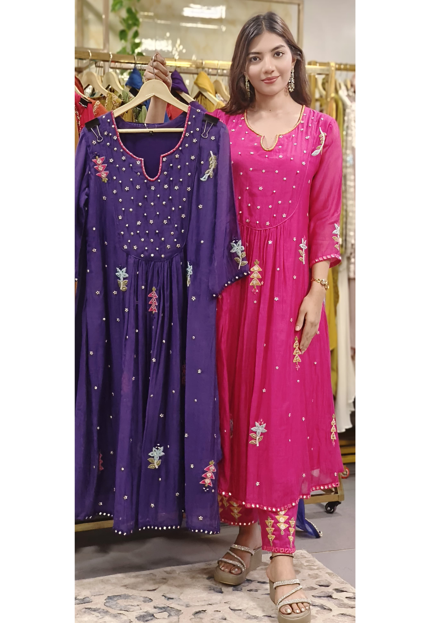 Front U-Yoke Embroidery Minimal Work A-Line Kurta Pant Set In Mul Chanderi Fabric