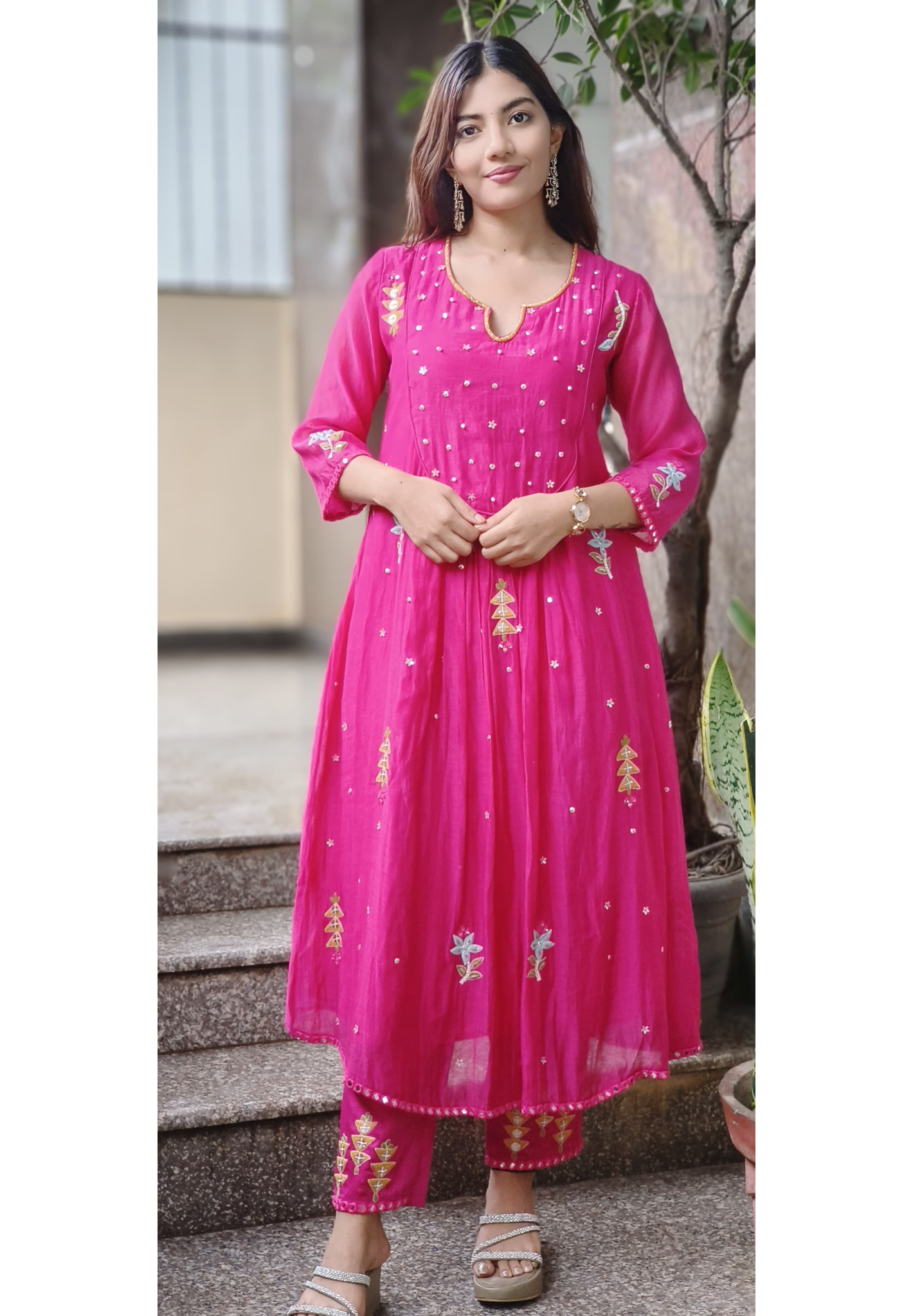 Front U-Yoke Embroidery Minimal Work A-Line Kurta Pant Set In Mul Chanderi Fabric