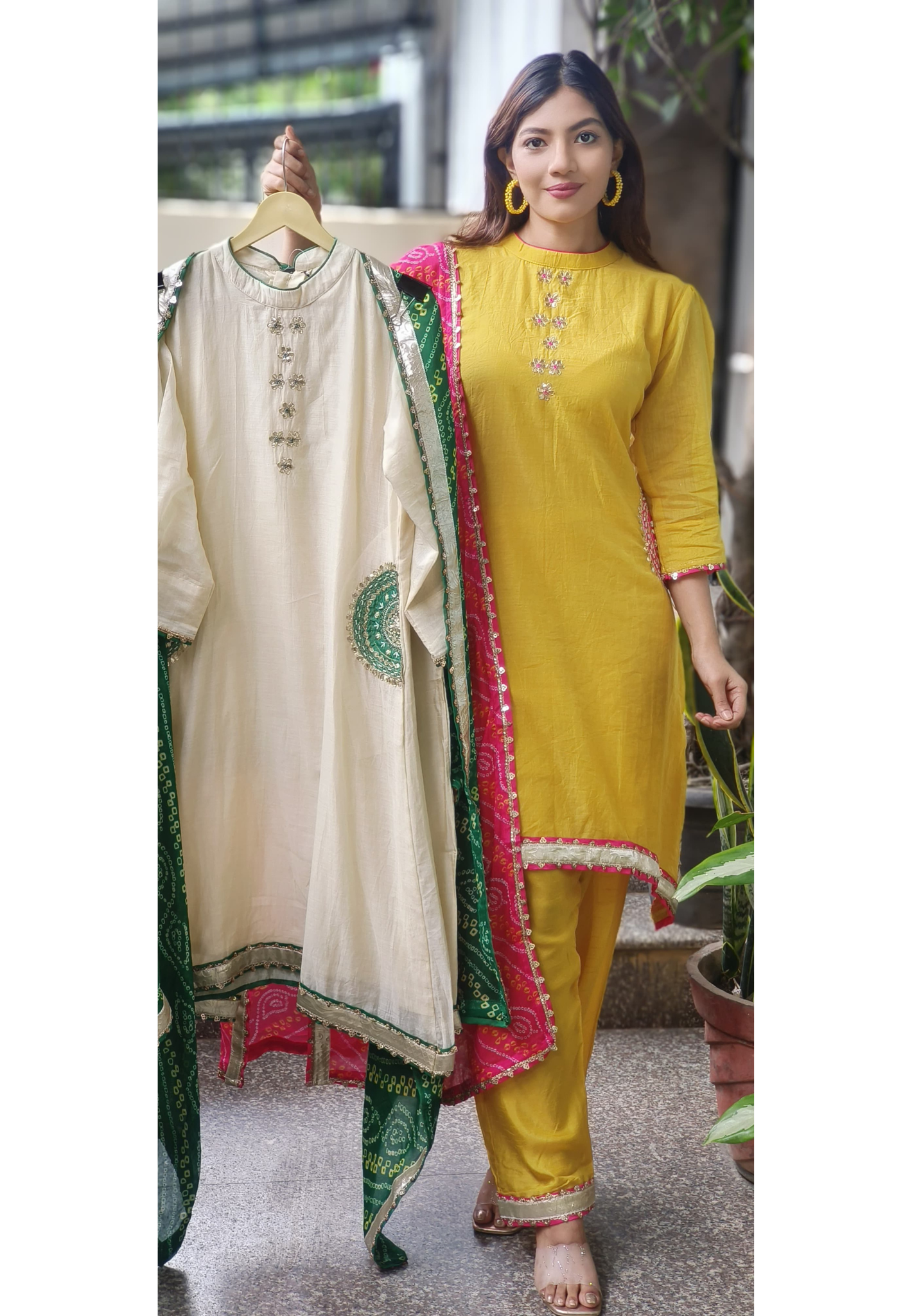 Minimal Work High & Low A-Line Full Suit Set With Bandhej Dupatta In Mul Chanderi Fabric