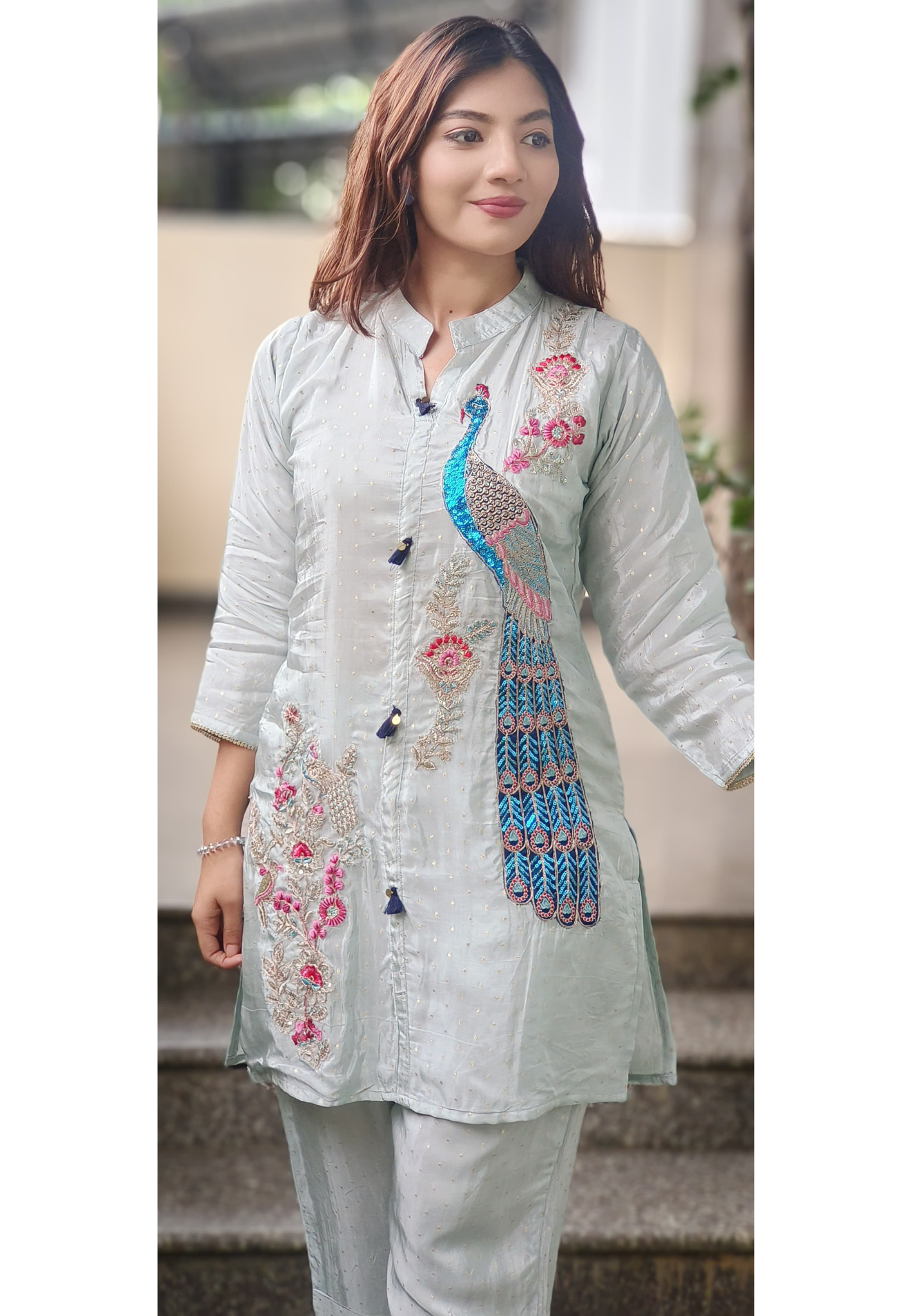Beautiful Peacock Royal Handwork Banarasi Look Mandarin Collar Co-Ord Set