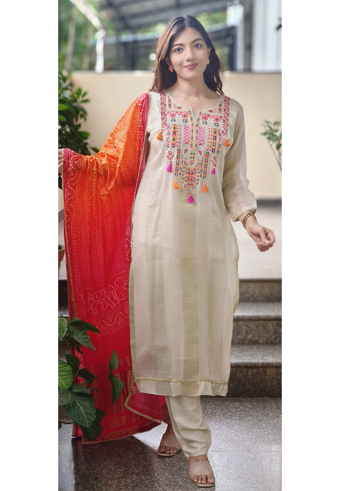 Foil Mirror Multicolored Embroidered Yoke Full Suit Set With Bandhej Dupatta In Shimmer Tissue Fabric