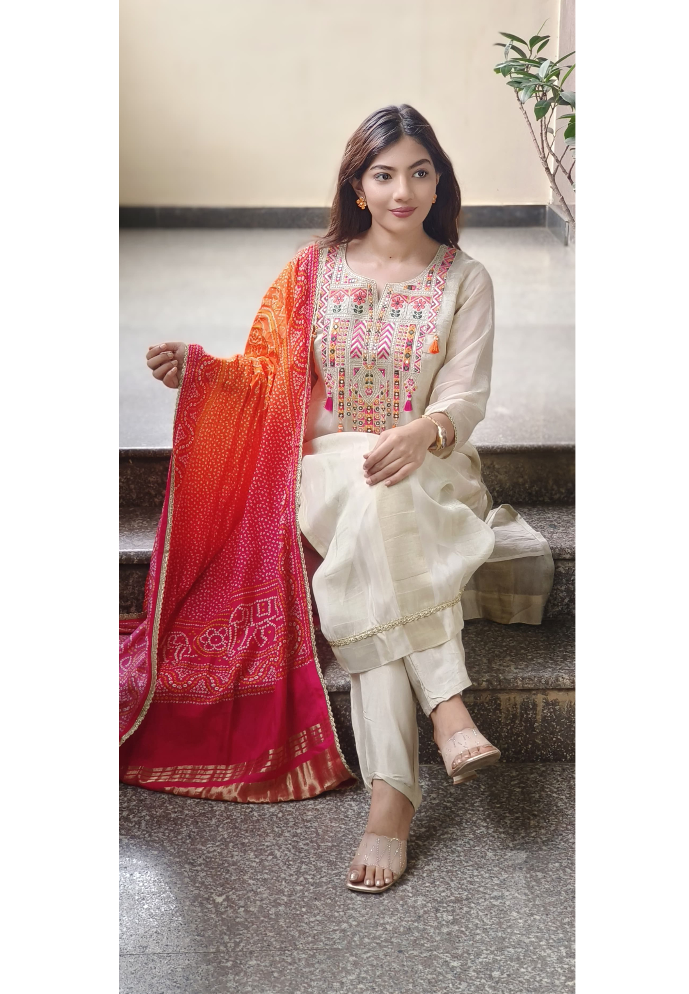 Foil Mirror Multicolored Embroidered Yoke Full Suit Set With Bandhej Dupatta In Shimmer Tissue Fabric