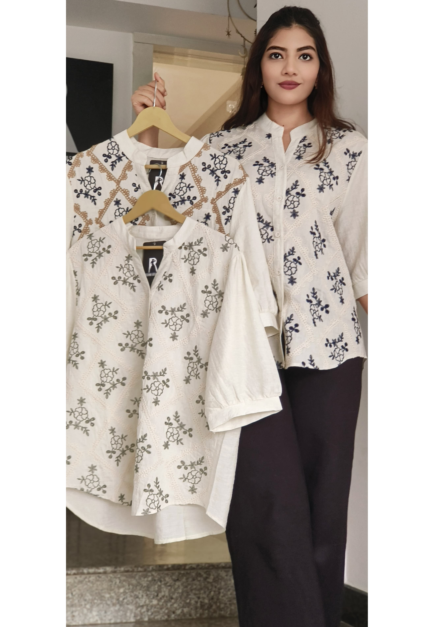 Sequenced Flower Embroidered Collared Casual Short Kurti