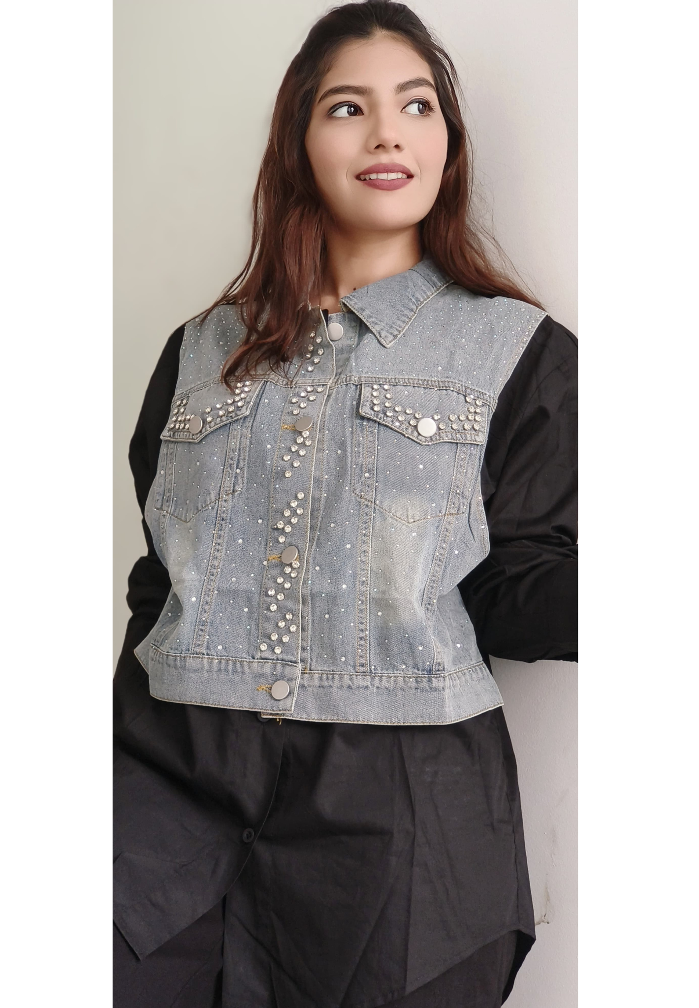Stylish Denim-Contrast Studded Shirt With Stones
