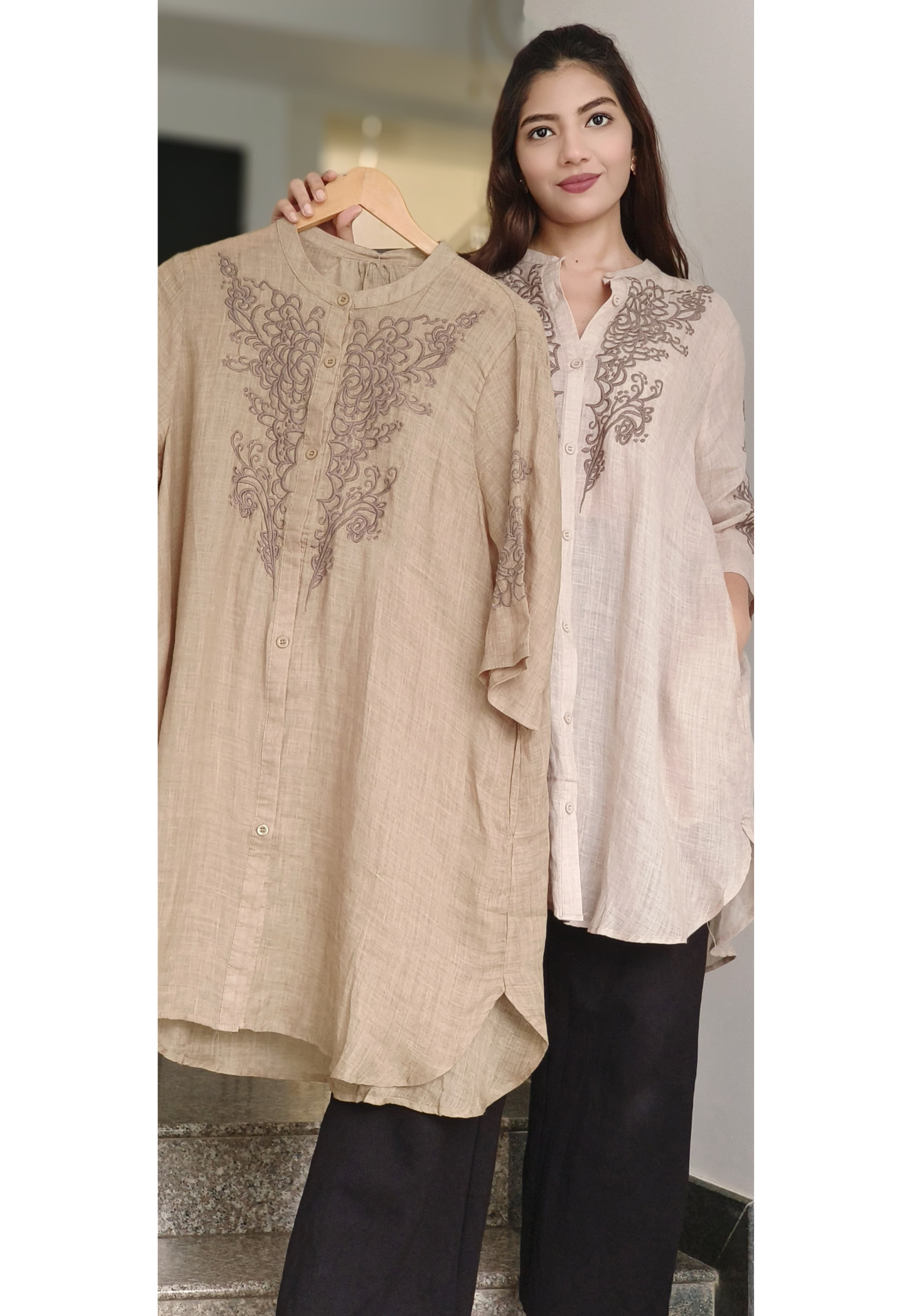Pure Linen Embroidered Mandarin Collar Casual Shirt