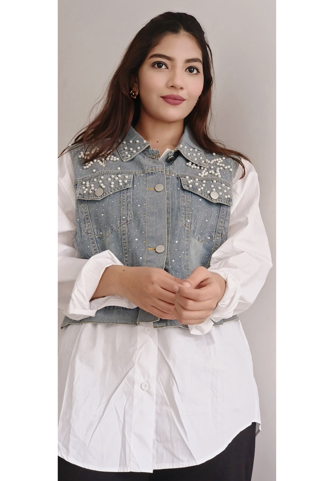 Pearl Star With Stone Denim Shirt