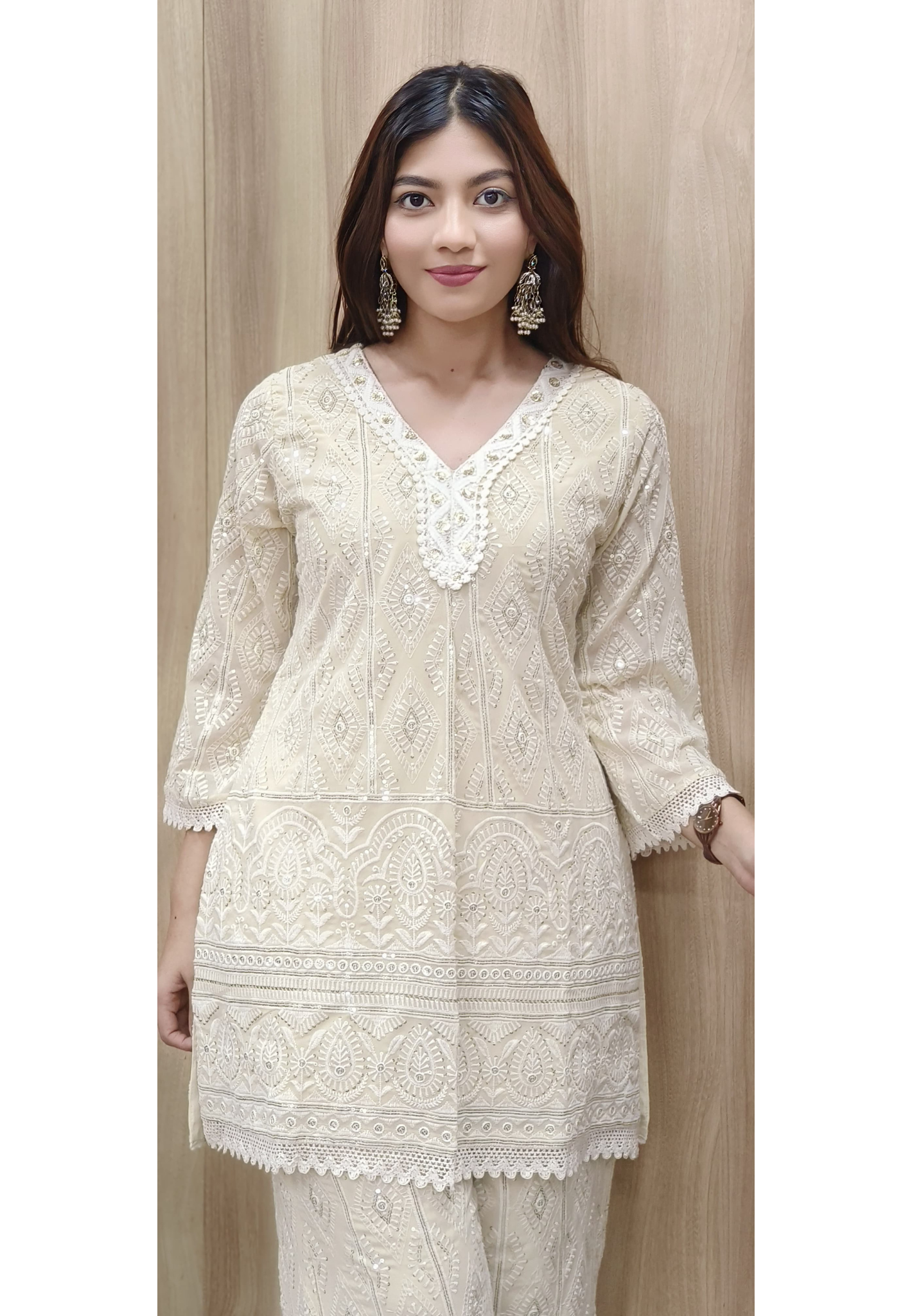 Thread Embroidered Chikankari With Crosia Work Co-Ord Set In Semi-Georgette Fabric-10612