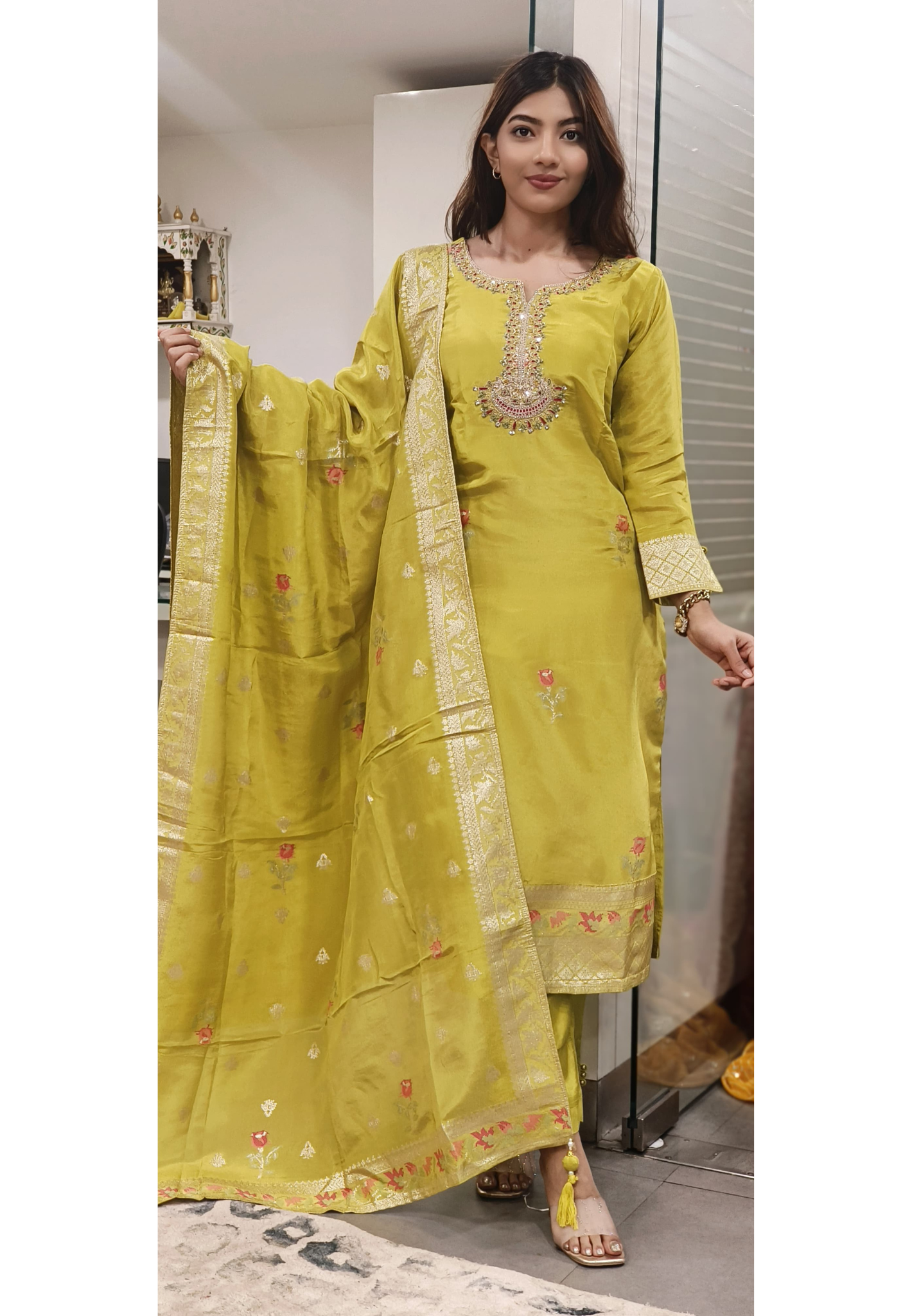 Shimmer Tissue Beautiful Floral Handwork Neon Full Suit Set With Dupatta- 08201