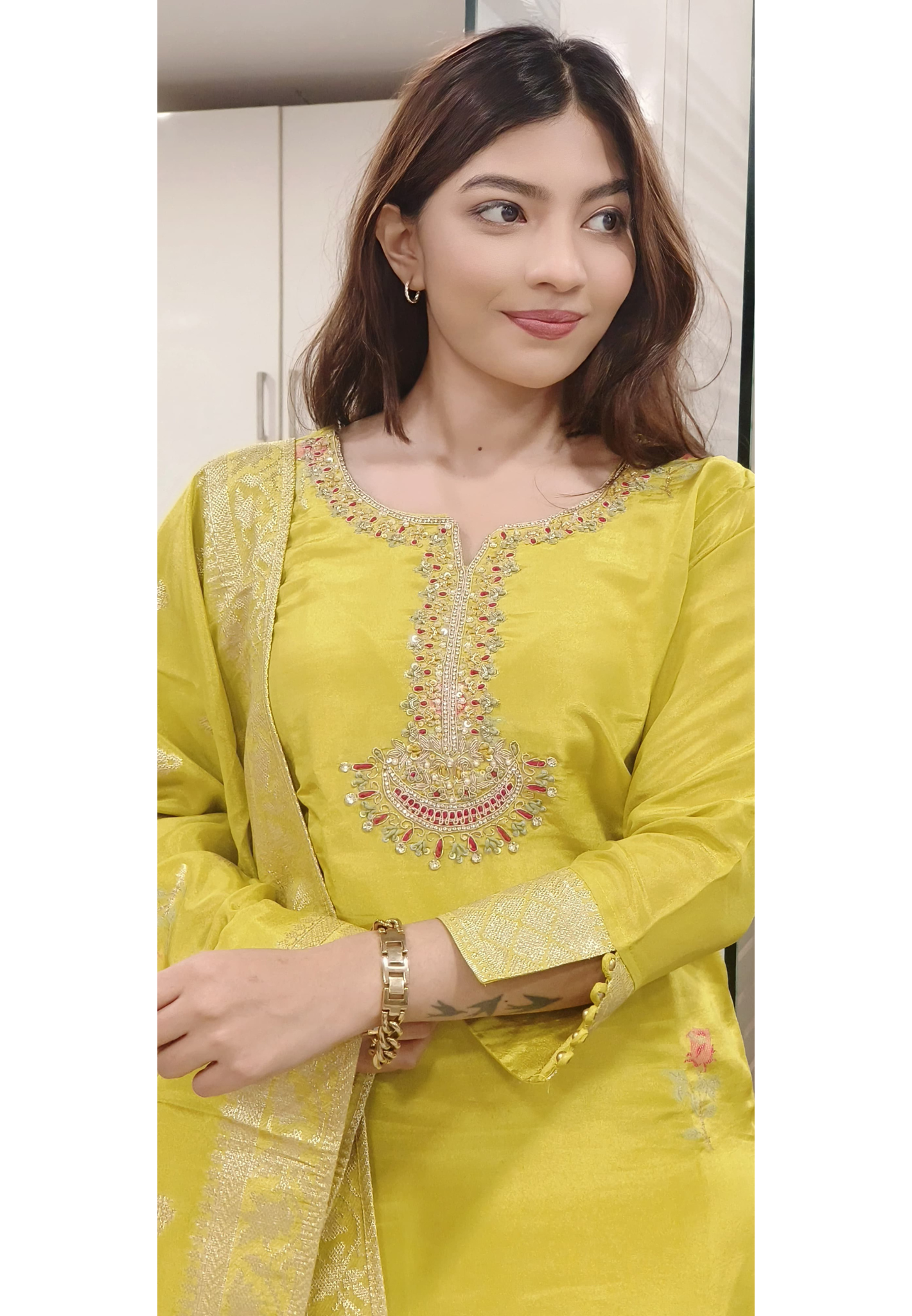 Shimmer Tissue Beautiful Floral Handwork Neon Full Suit Set With Dupatta- 08201