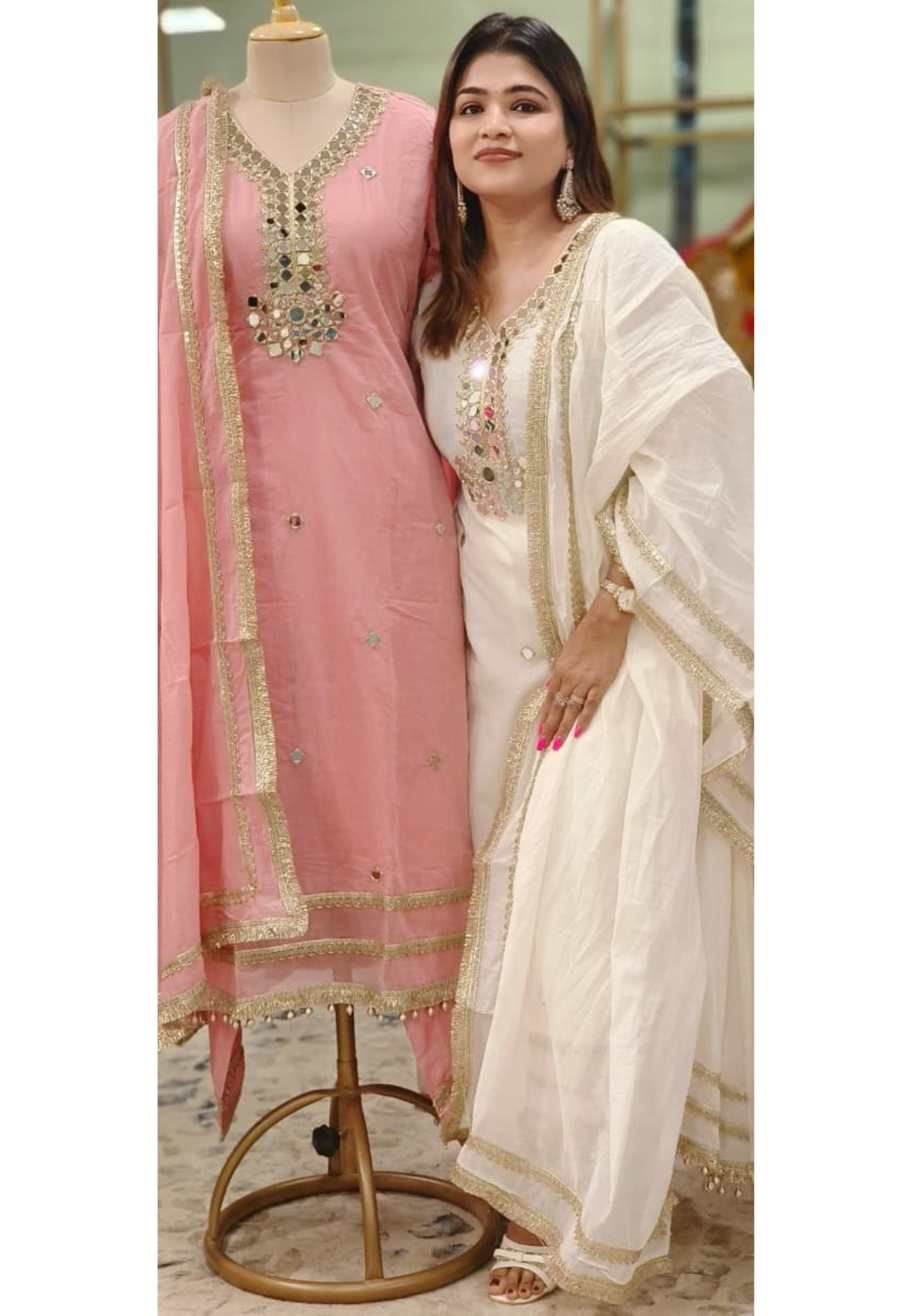 Very Elegant Real Mirror With Beautiful Borders Anarkali Full Suit Set With Dupatta In Mul Chanderi Fabric- 10642 10645