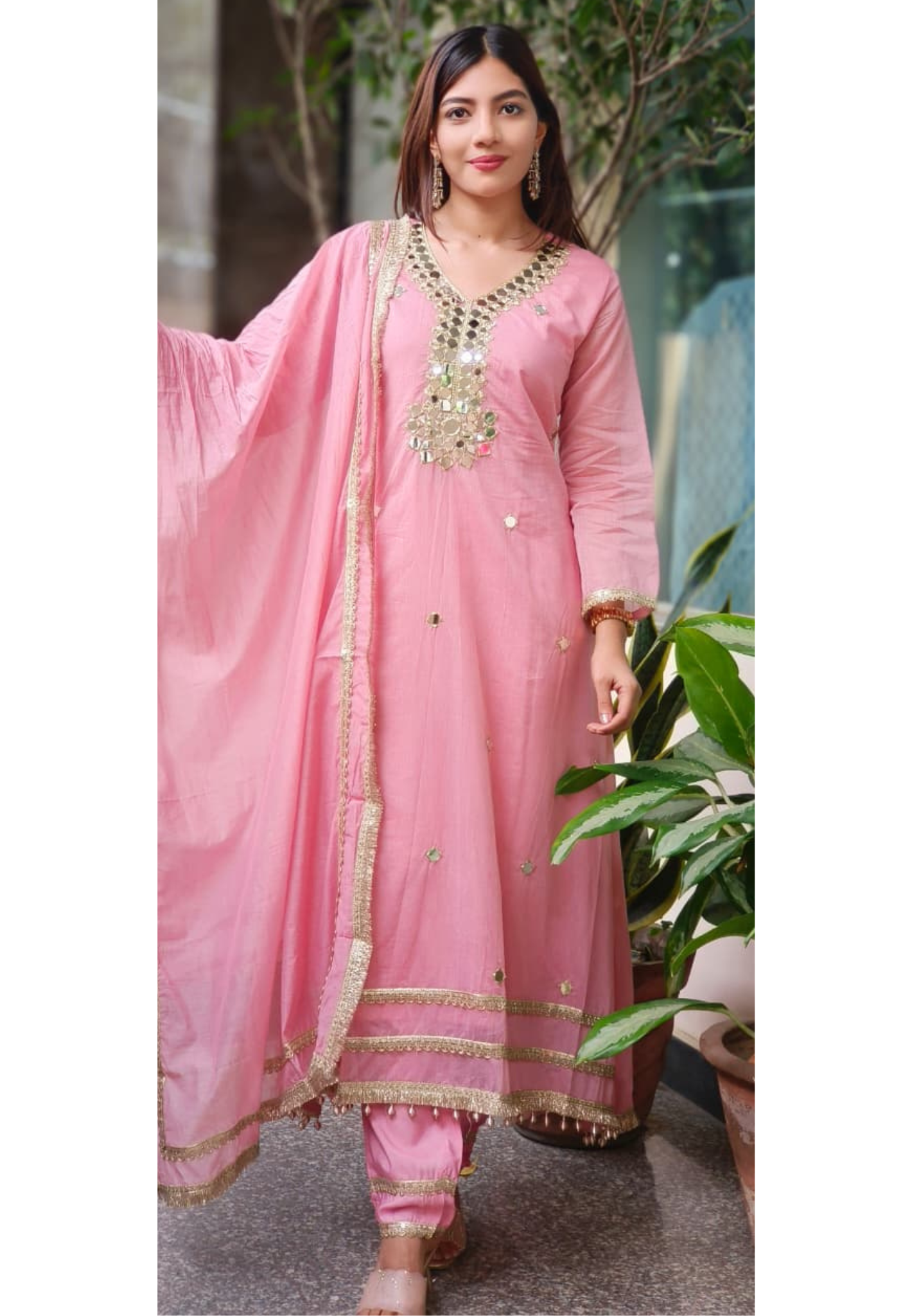 Very Elegant Real Mirror With Beautiful Borders Anarkali Full Suit Set With Dupatta In Mul Chanderi Fabric- 10642