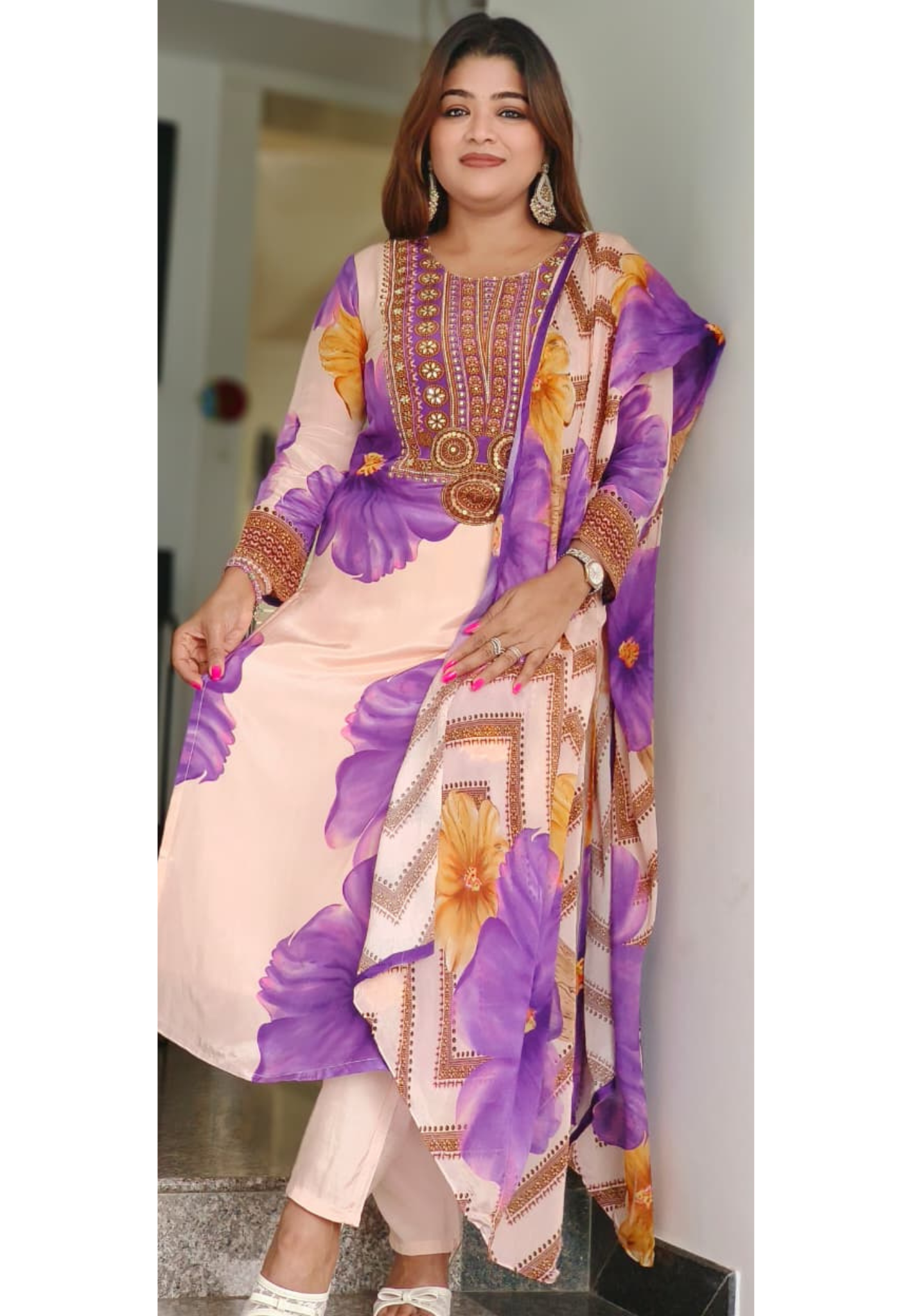 Beautiful Sequenced Handwork Floral Full Suit Set With Dupatta In Crepe Fabric
