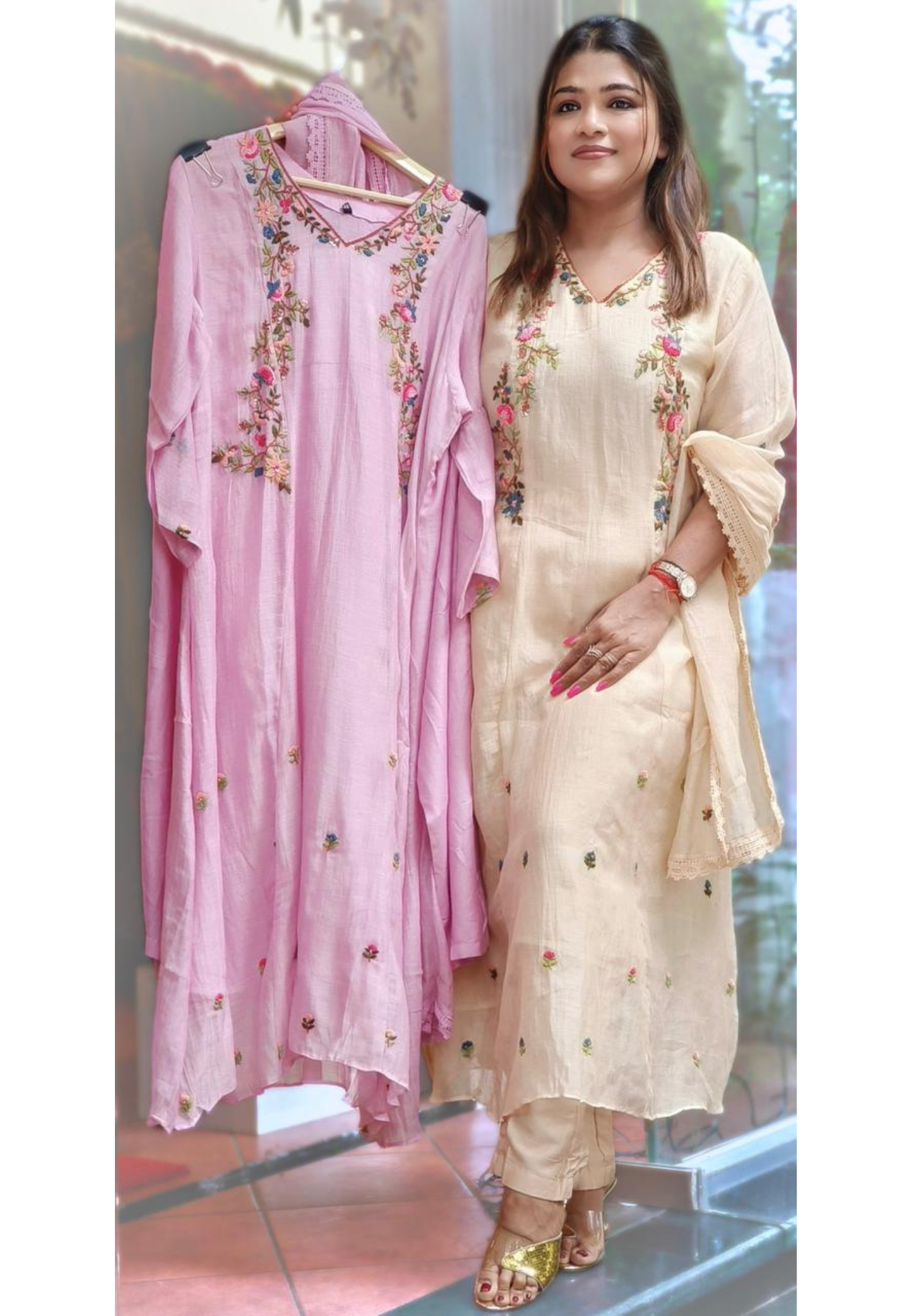 Thread Floral Sequenced A-Line Full Suit Set With Dupatta In Mul Chanderi Fabric- 09986
