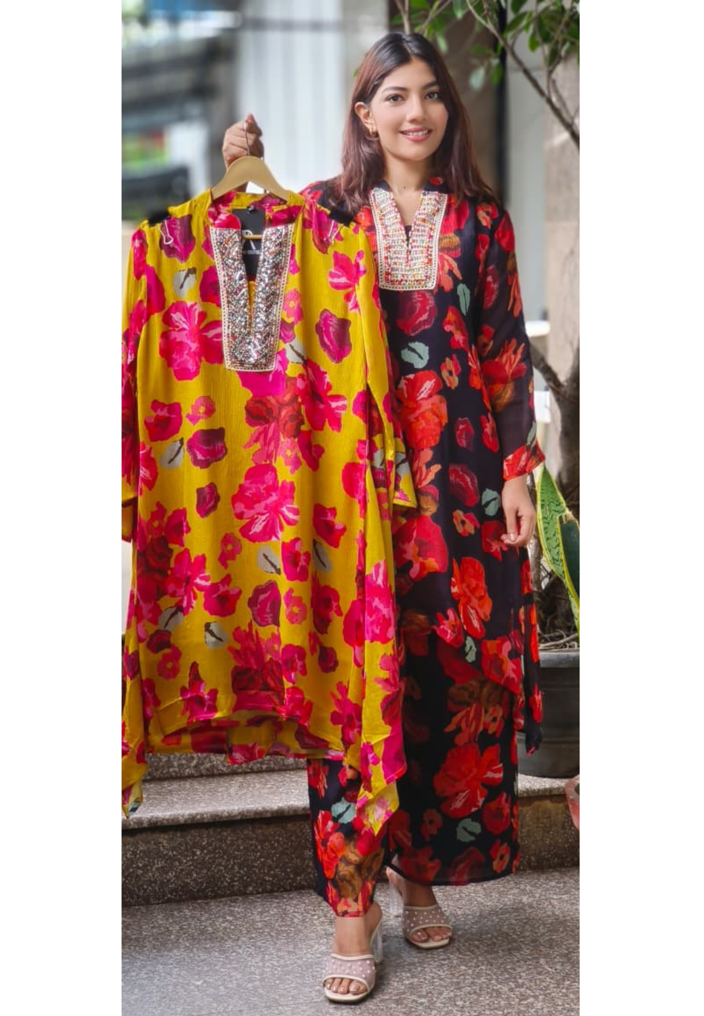 Bright Floral Printed Neck Work Chinon Co-Ord Set-10709,10711