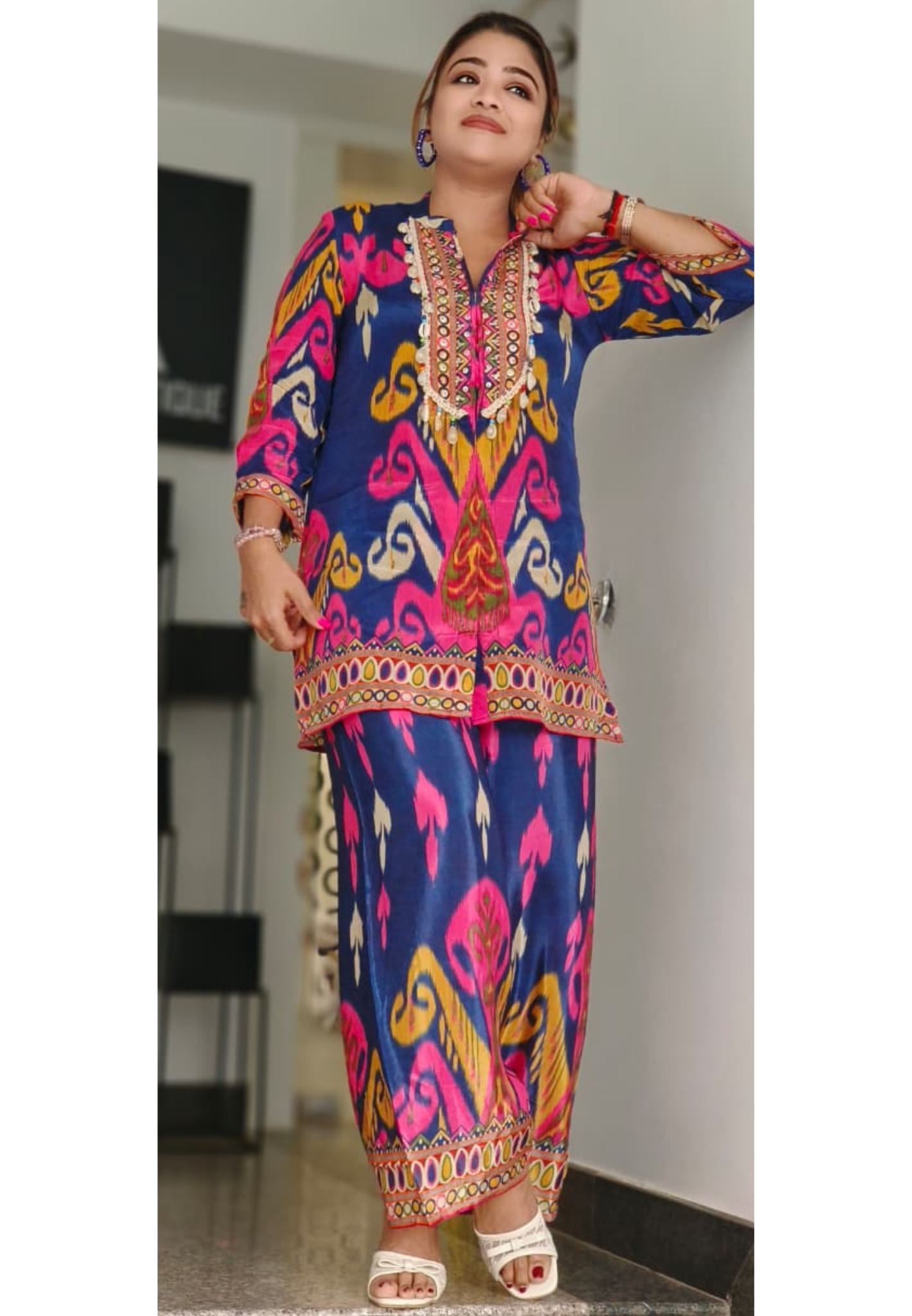 Boho Shell Neck Multicolor Co-Ord Set In Crepe Fabric-10715