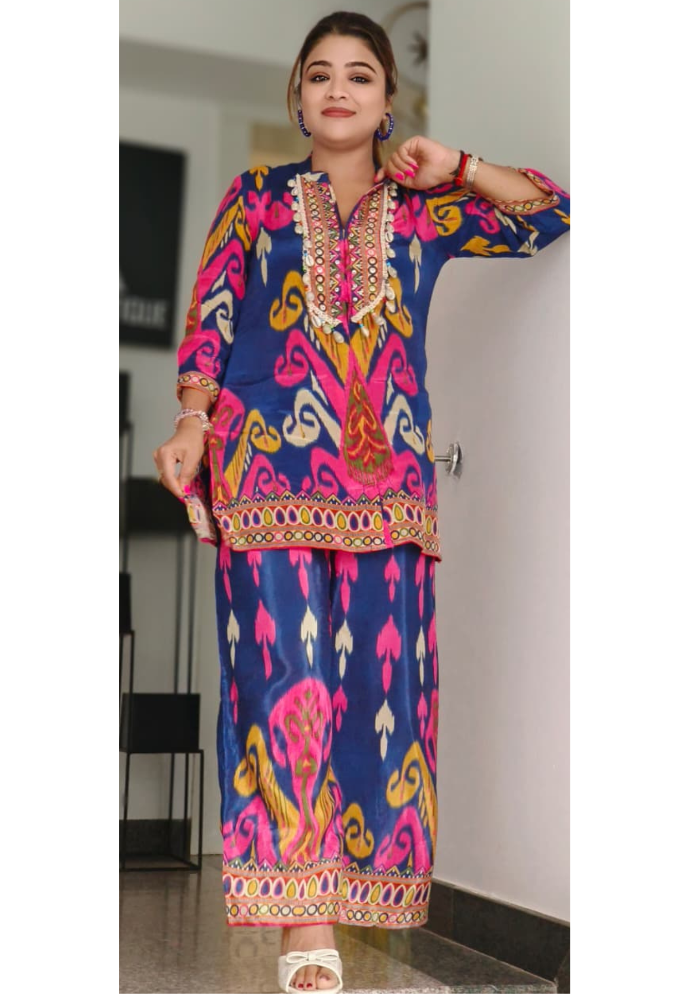 Boho Shell Neck Multicolor Co-Ord Set In Crepe Fabric-10715