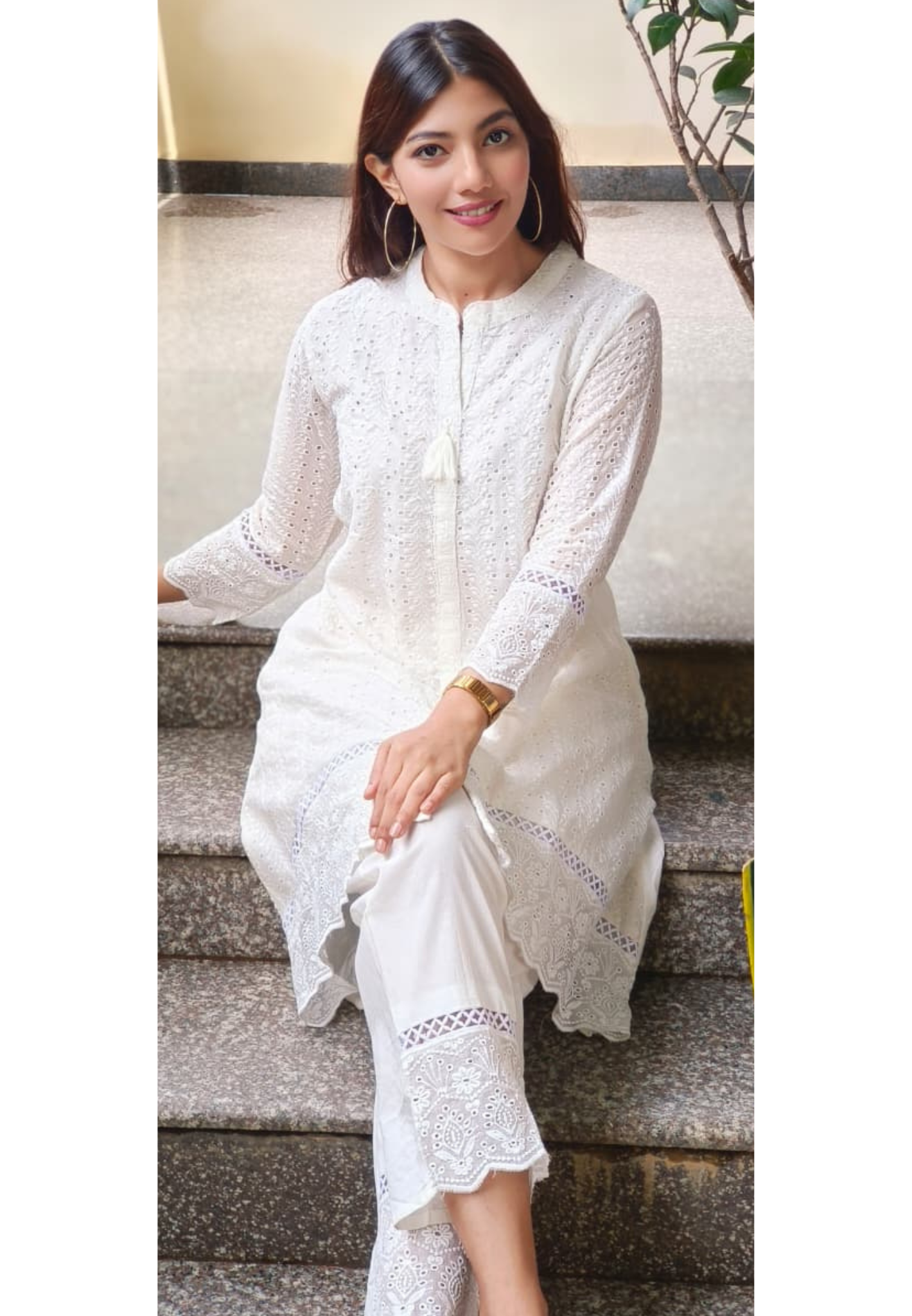 Hacoba Embroidery Mul Cotton White Co-Ord Set-10735