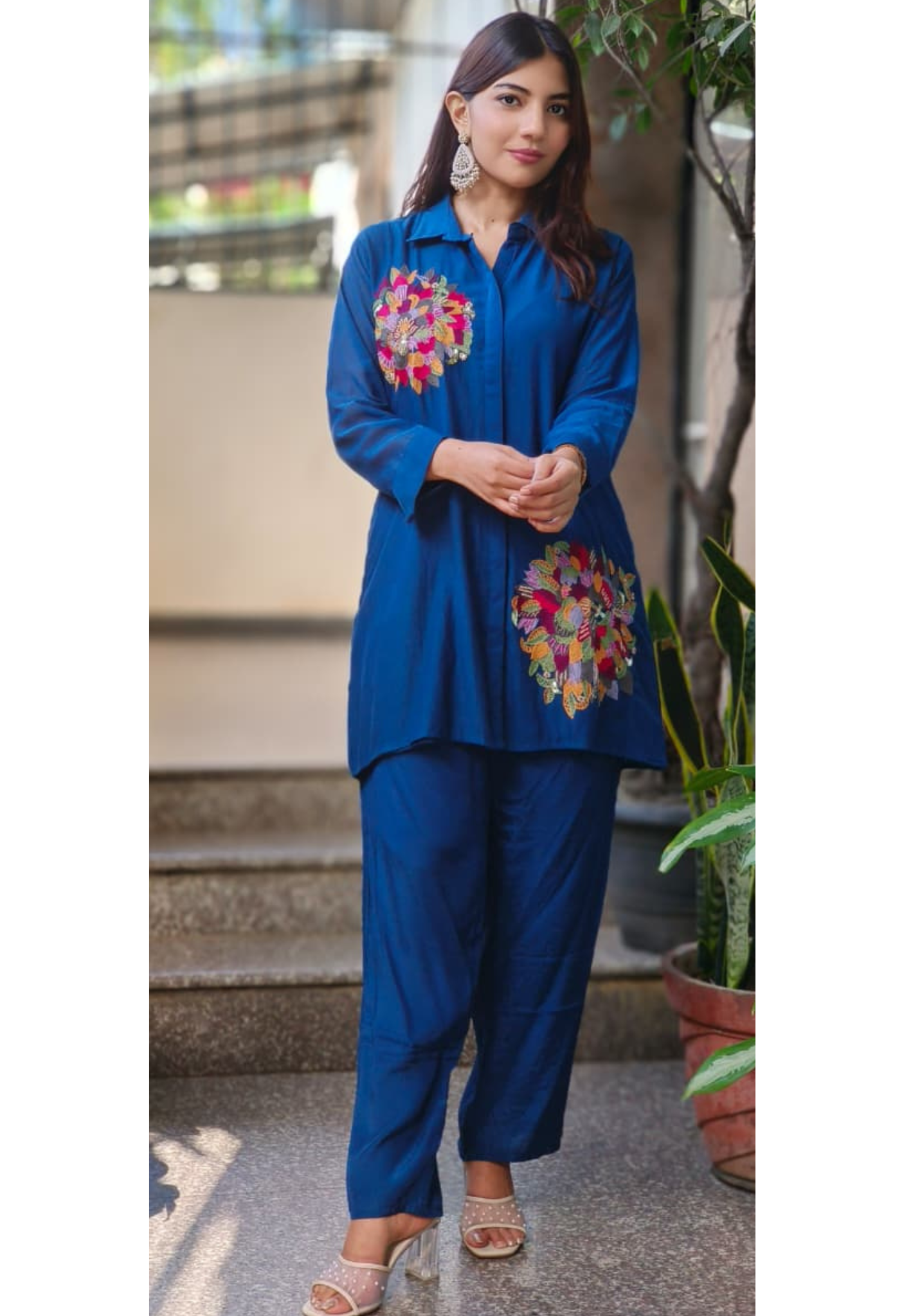 Pure Banarasi Mul Chanderi Minimal Embroidered Collared Solid Co-Ord Set With Taffeta Bottom-10639,10638,10640