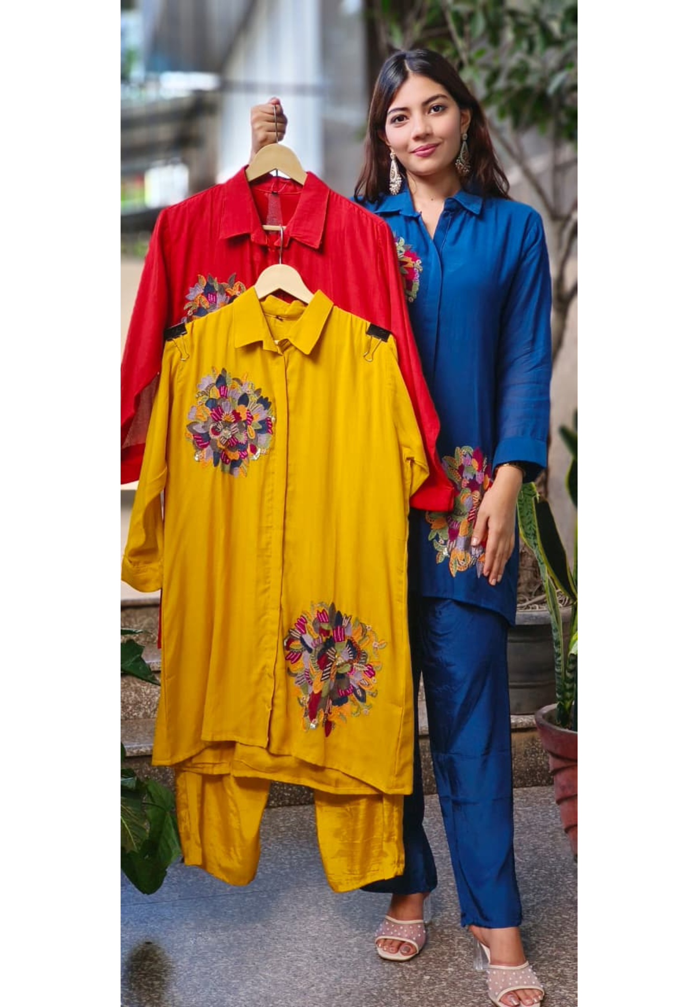 Pure Banarasi Mul Chanderi Minimal Embroidered Collared Solid Co-Ord Set With Taffeta Bottom-10639,10638,10640