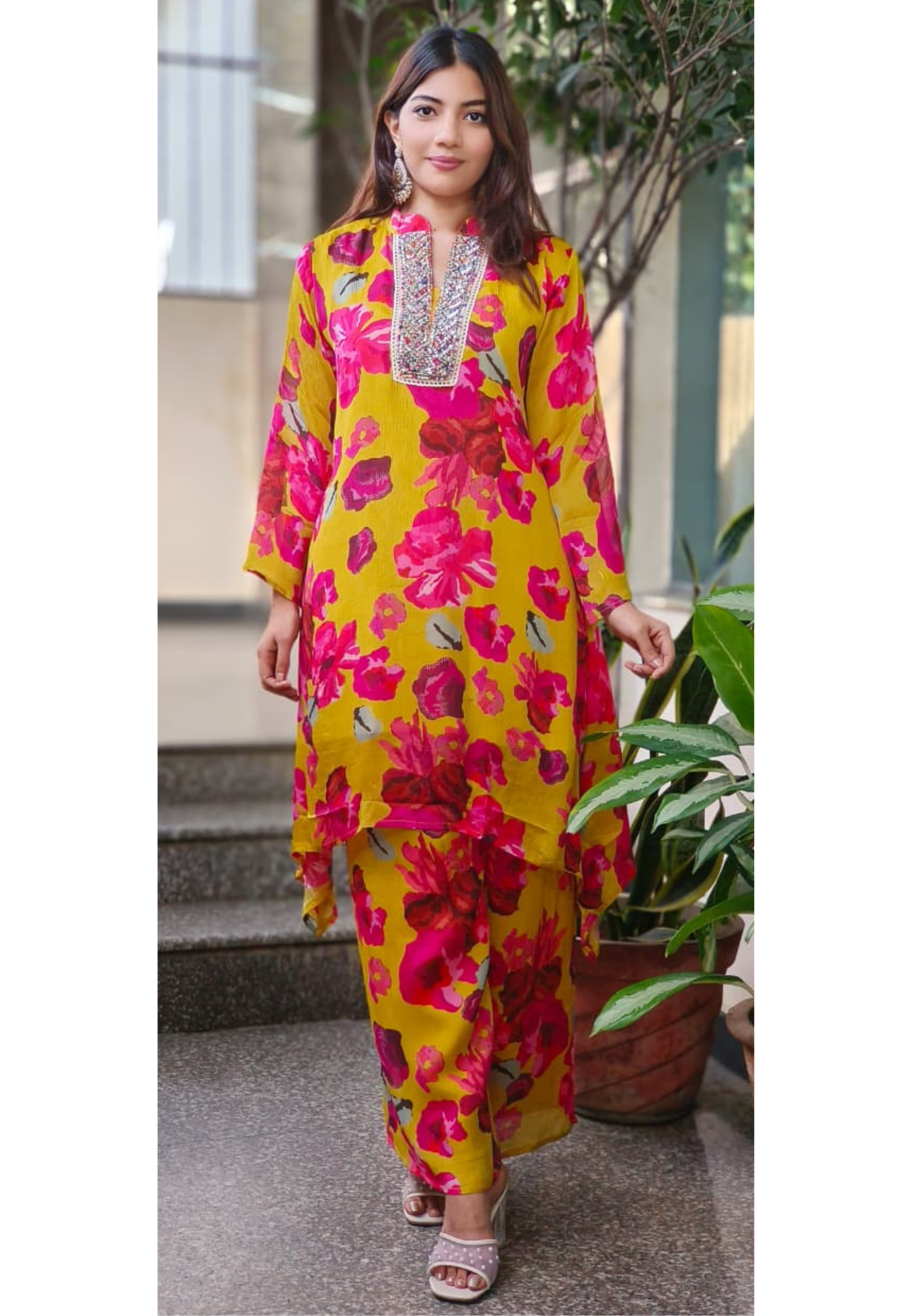 Bright Floral Printed Neck Work Chinon Co-Ord Set-10709,10711