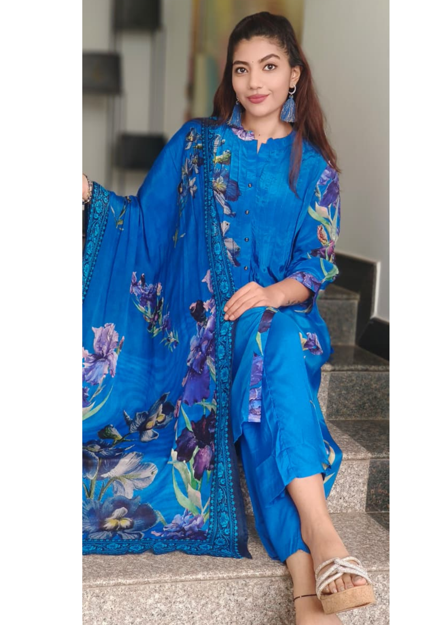 Floral Patched Look Mandarin Collar A-Line Full Suit Set With Dupatta In Crepe Fabric- 10718