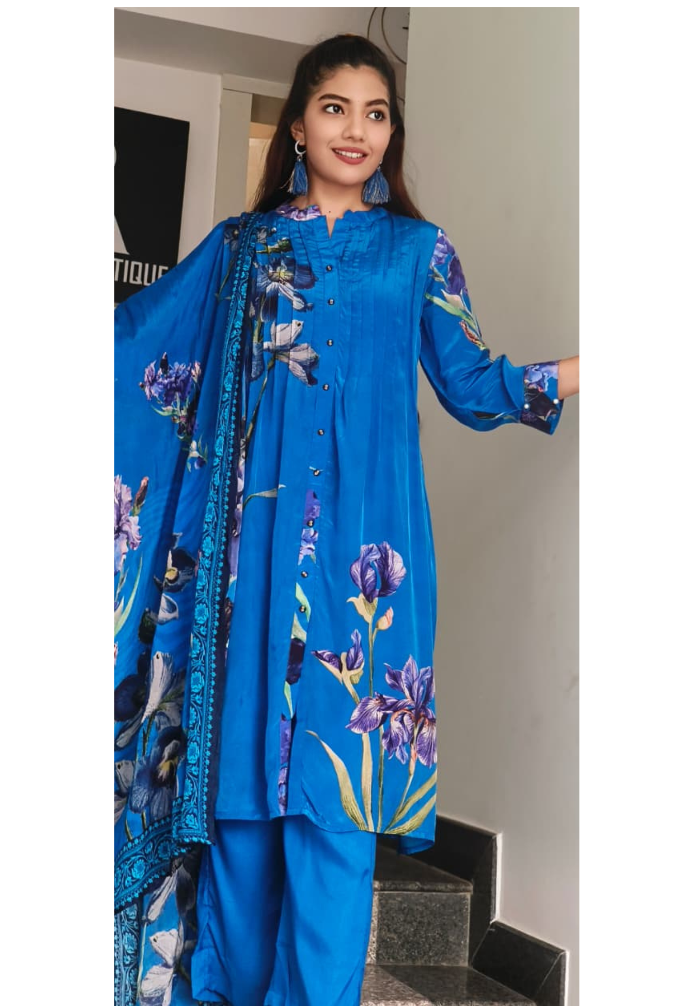 Floral Patched Look Mandarin Collar A-Line Full Suit Set With Dupatta In Crepe Fabric- 10718