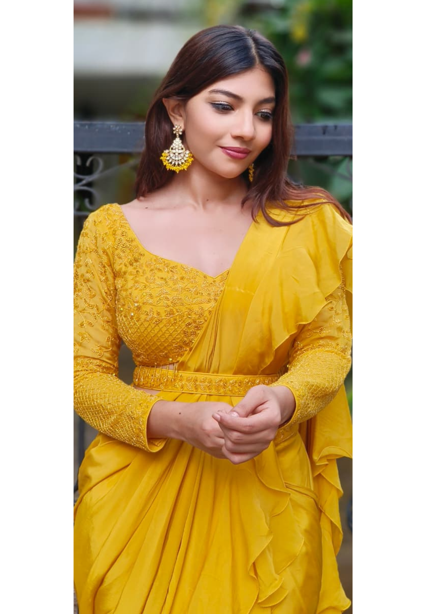Indo Western Wear Ruffle Saree With Designer Embroidered Blouse In Satin Crepe Fabric Skirt With Belt-DRY WASH-DRY WASH-ONLY ON ORDERS DISPATCHING AFTER 30 DAYS