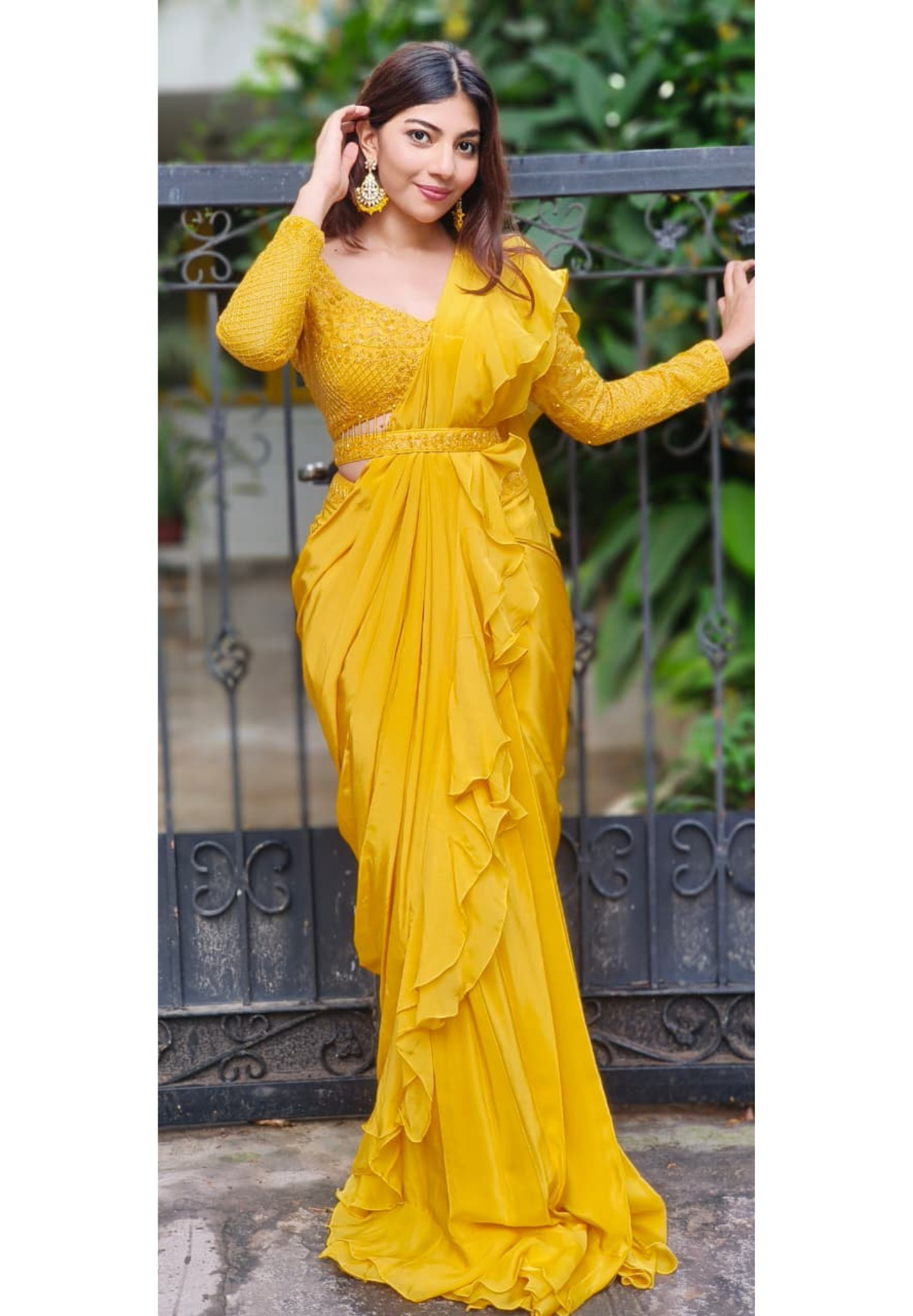 Indo Western Wear Ruffle Saree With Designer Embroidered Blouse In Satin Crepe Fabric Skirt With Belt-DRY WASH-DRY WASH-ONLY ON ORDERS DISPATCHING AFTER 30 DAYS