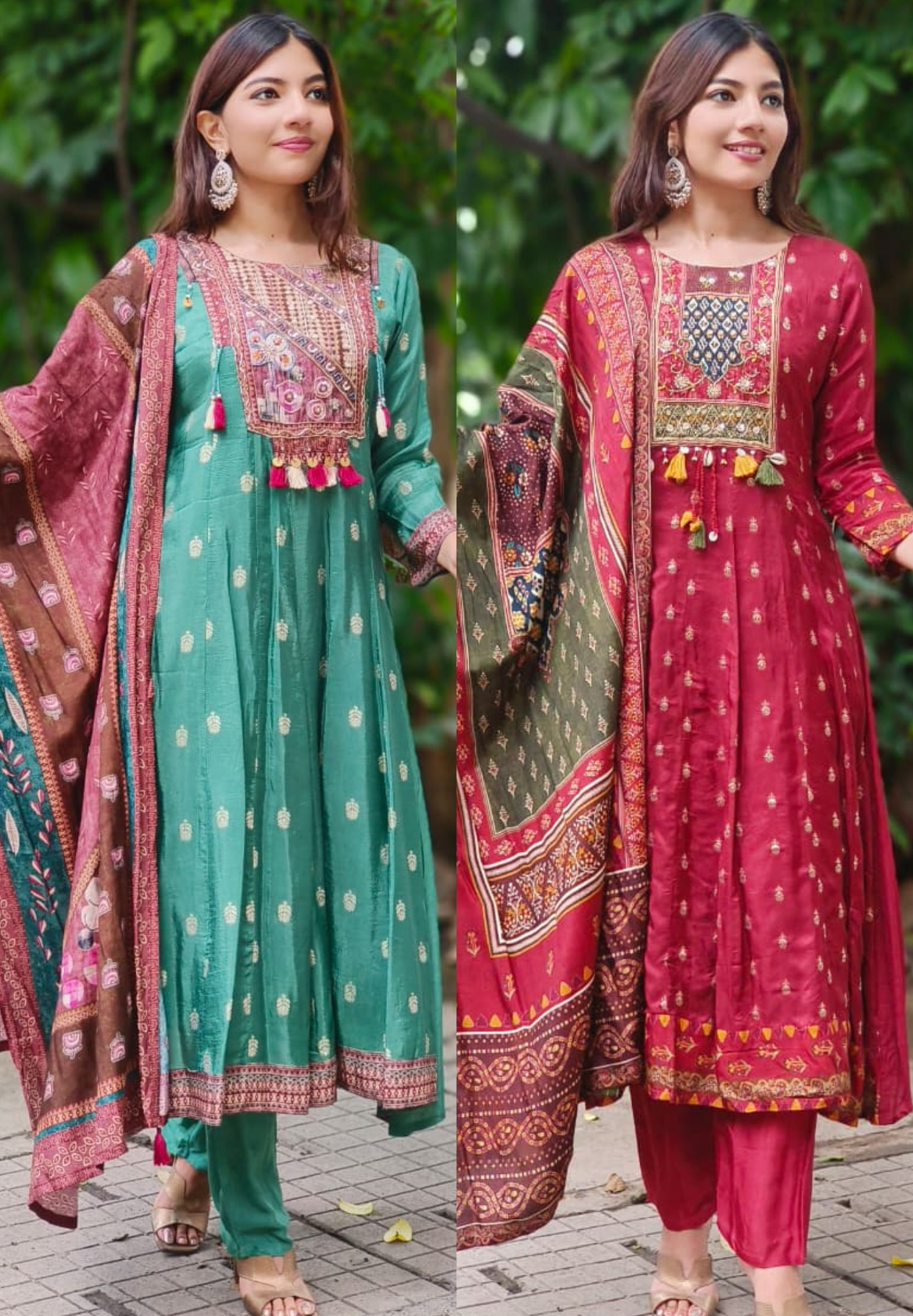 Beautiful Boho Look Panel Anarkali Full Suit Set With Dupatta In Dola Silk Fabric