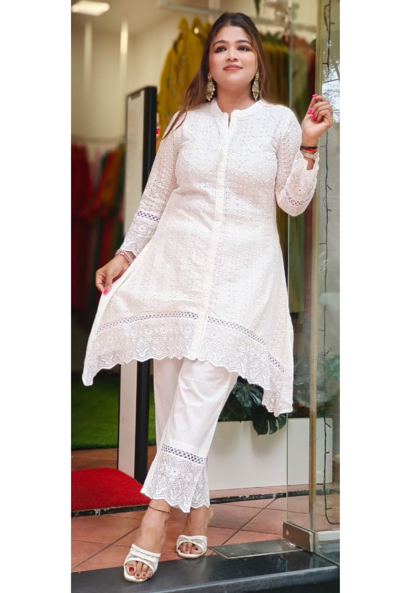 Hacoba Embroidery Mul Cotton White Co-Ord Set-10735