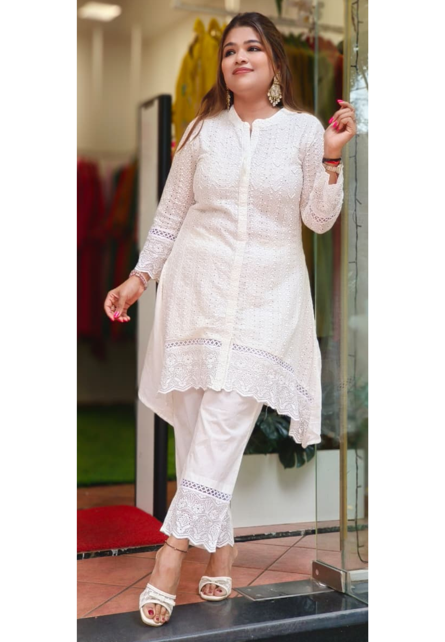 Hacoba Embroidery Mul Cotton White Co-Ord Set-10735