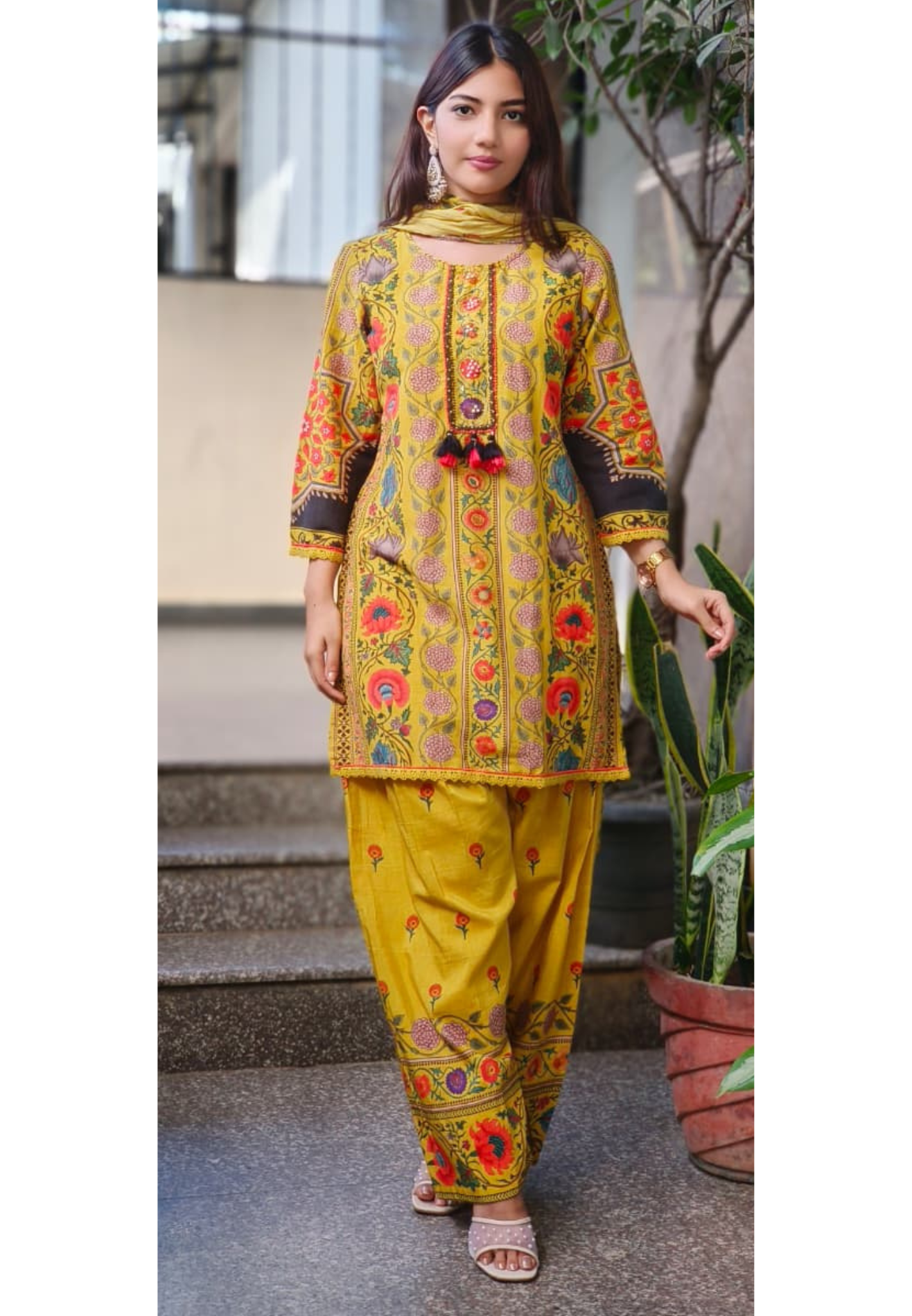 Printed Cotton Full Suit Set With Dupatta & Farsi Bottom- 10720