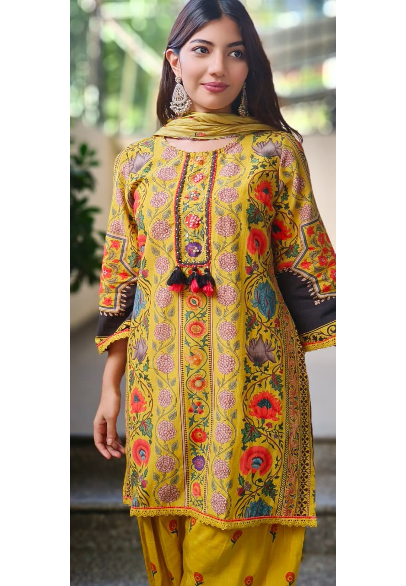 Printed Cotton Full Suit Set With Dupatta & Farsi Bottom- 10720