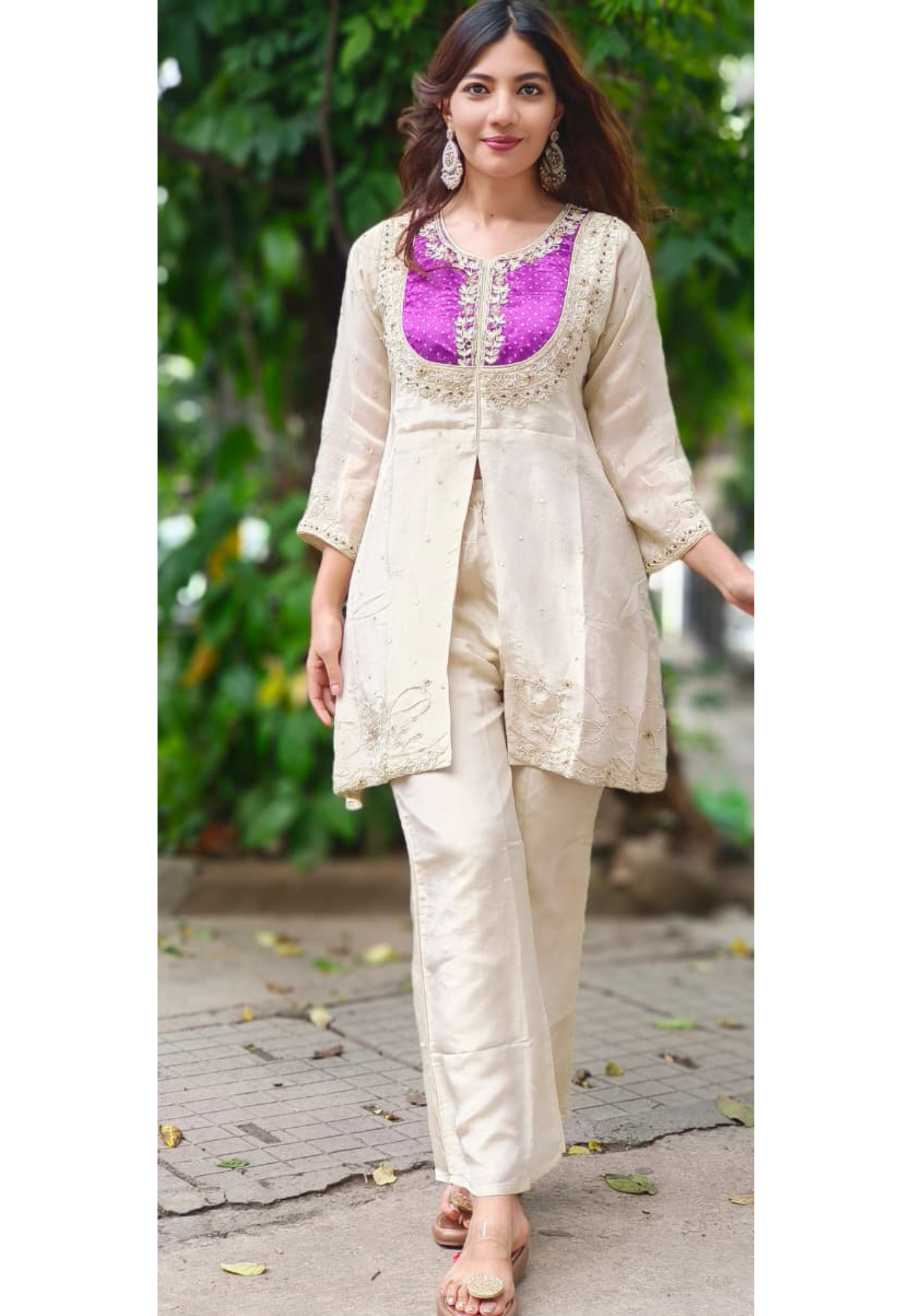 Beautiful Front Yoke Front Slit Tissue Fabric Kurta Pant Set