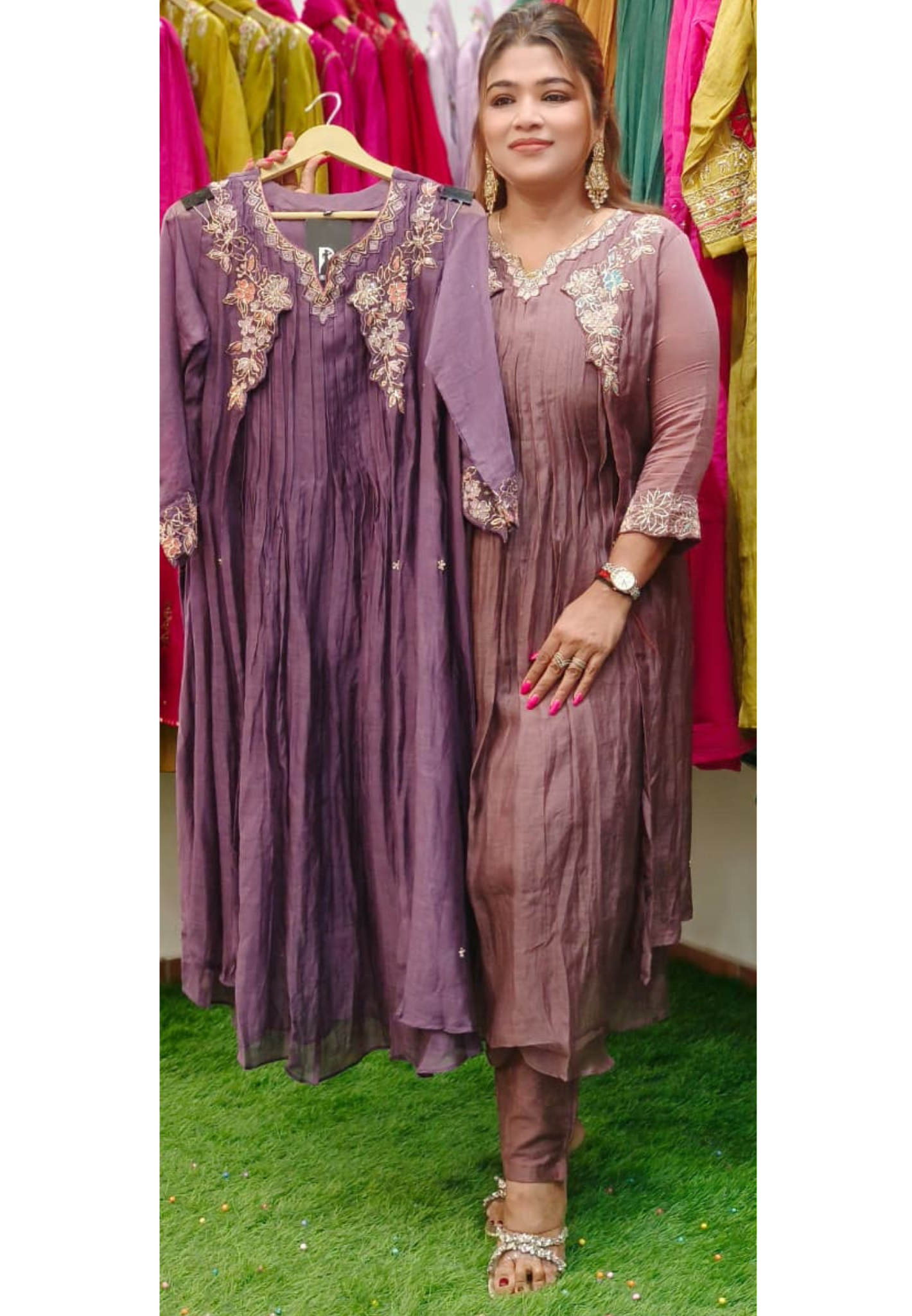 Floral Embroidery Front Slit Jacket Look A-Line Kurta Pant Set In Mul Chanderi Fabric- 10766,10670