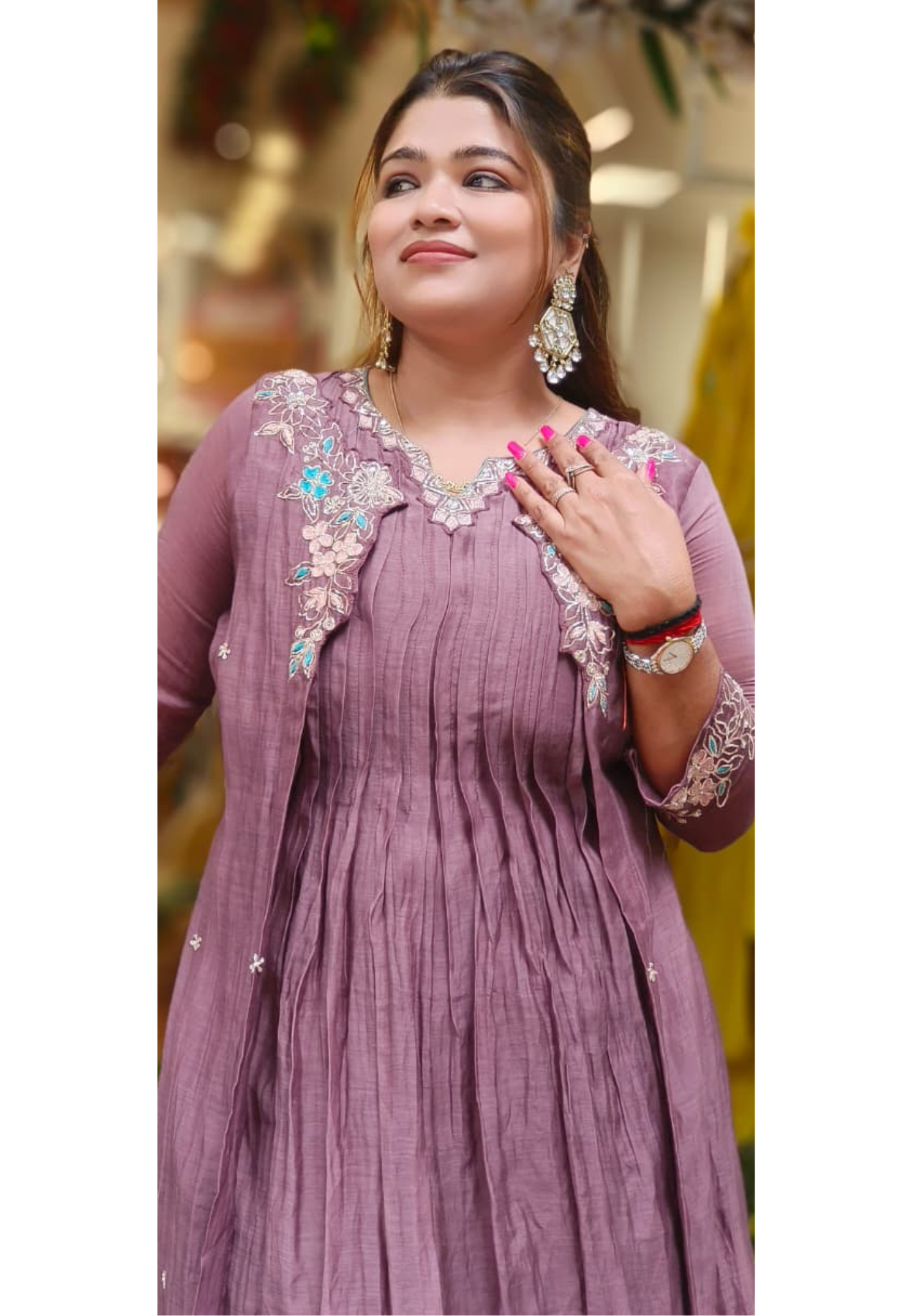 Floral Embroidery Front Slit Jacket Look A-Line Kurta Pant Set In Mul Chanderi Fabric- 10766,10670