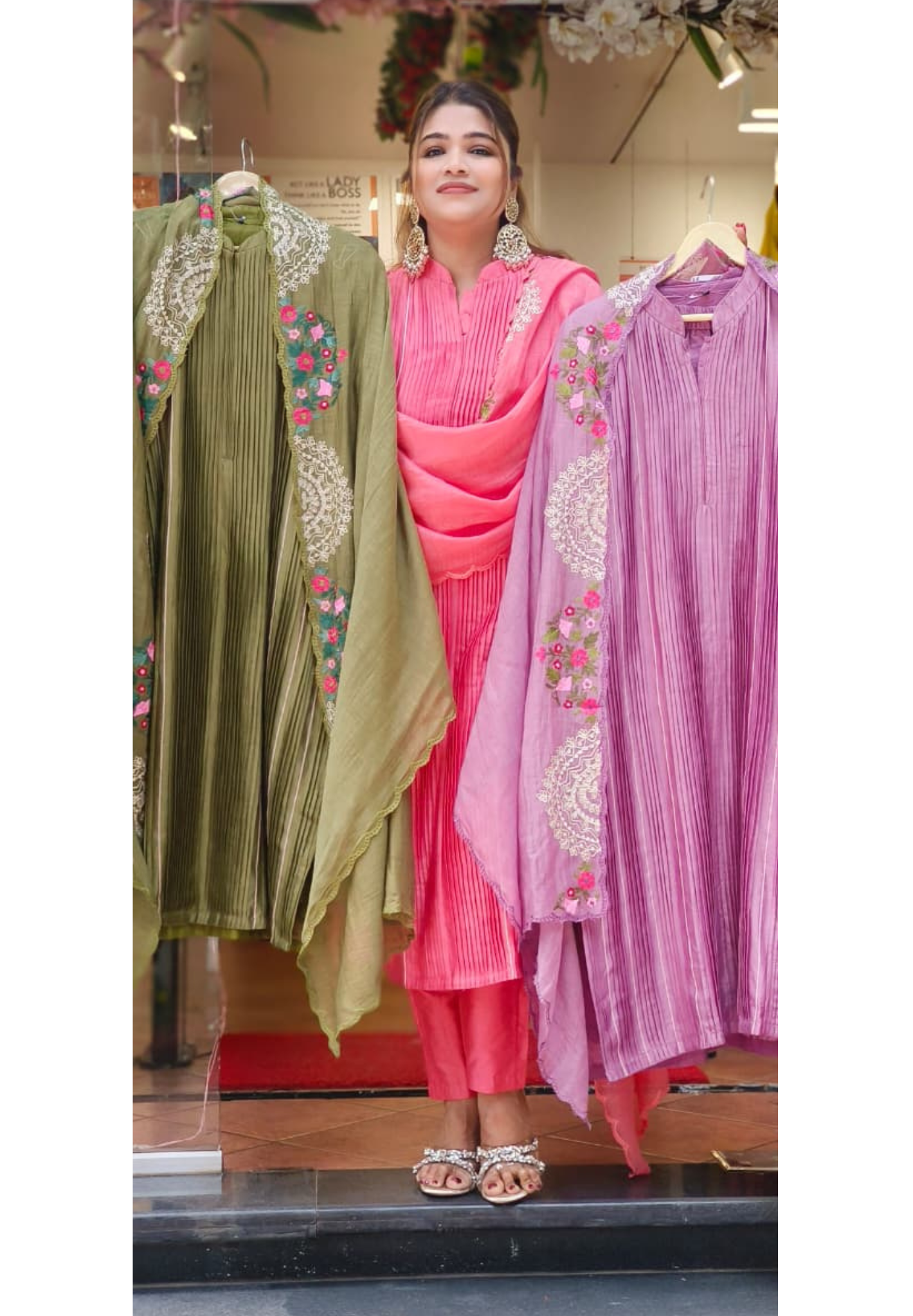 Petal Embroidered Lined Mandarin Collar Straight Full Suit Set With Dupatta In Pure Chanderi Fabric 107610 10762
