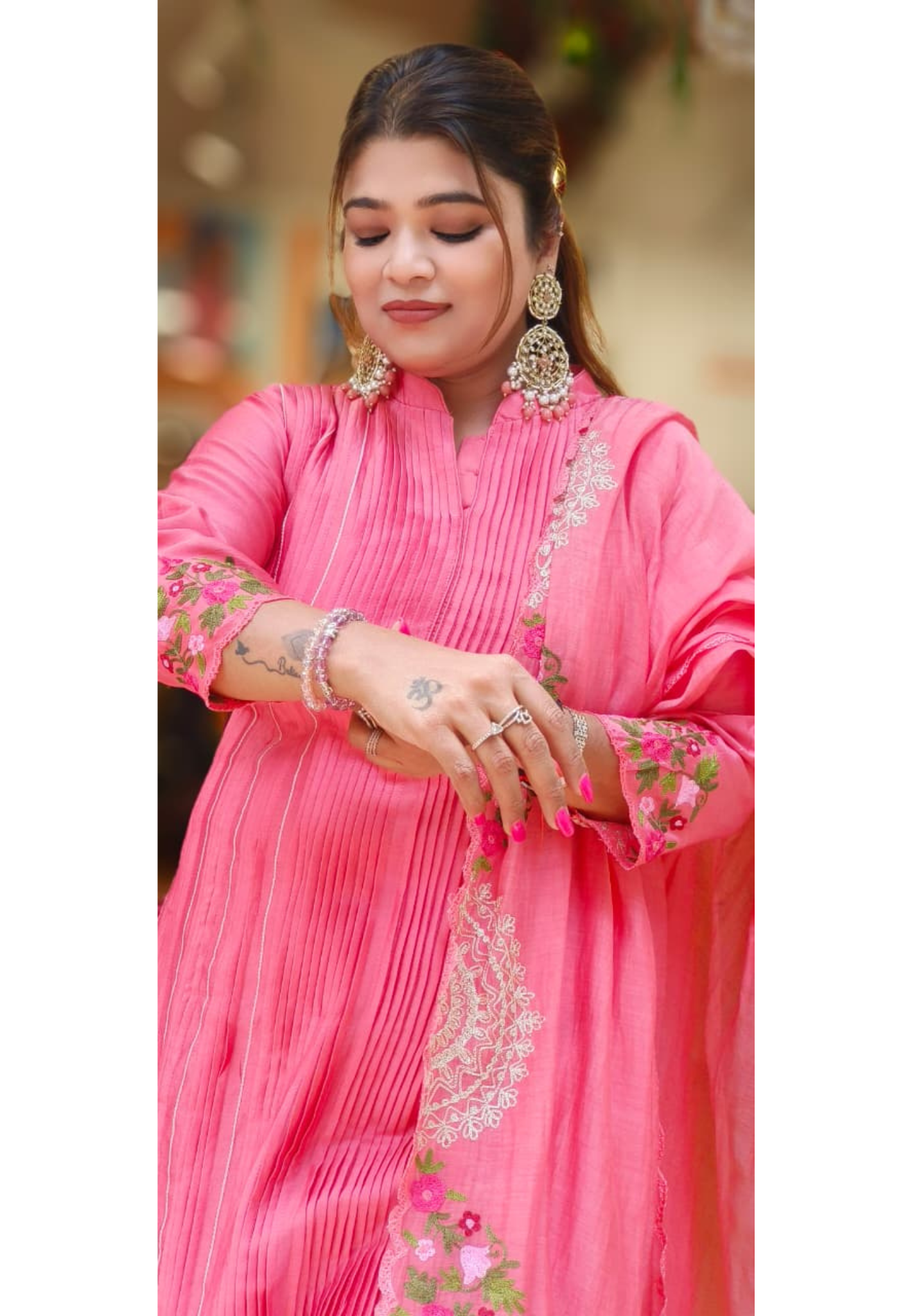 Petal Embroidered Lined Mandarin Collar Straight Full Suit Set With Dupatta In Pure Chanderi Fabric 107610 10762