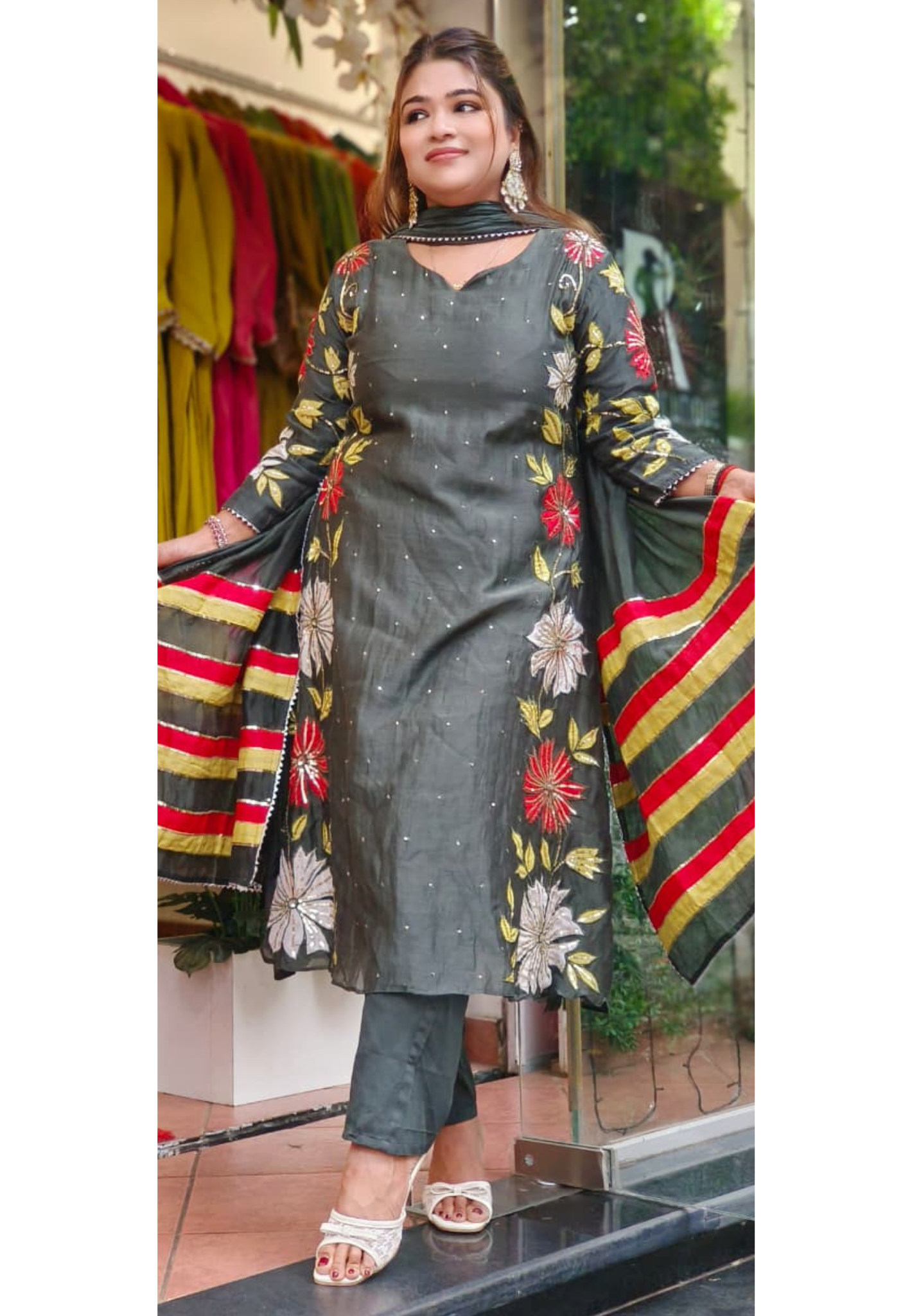 Applique Work Side Floral Embroidery Designed A-Line Mul Chanderi Full Suit Set With Dupatta
