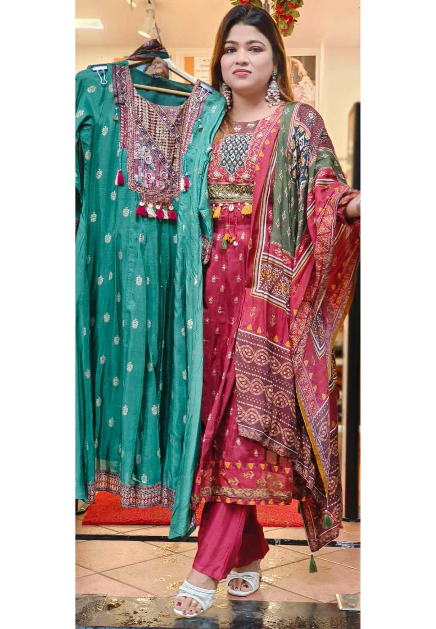 Beautiful Boho Look Panel Anarkali Full Suit Set With Dupatta In Dola Silk Fabric