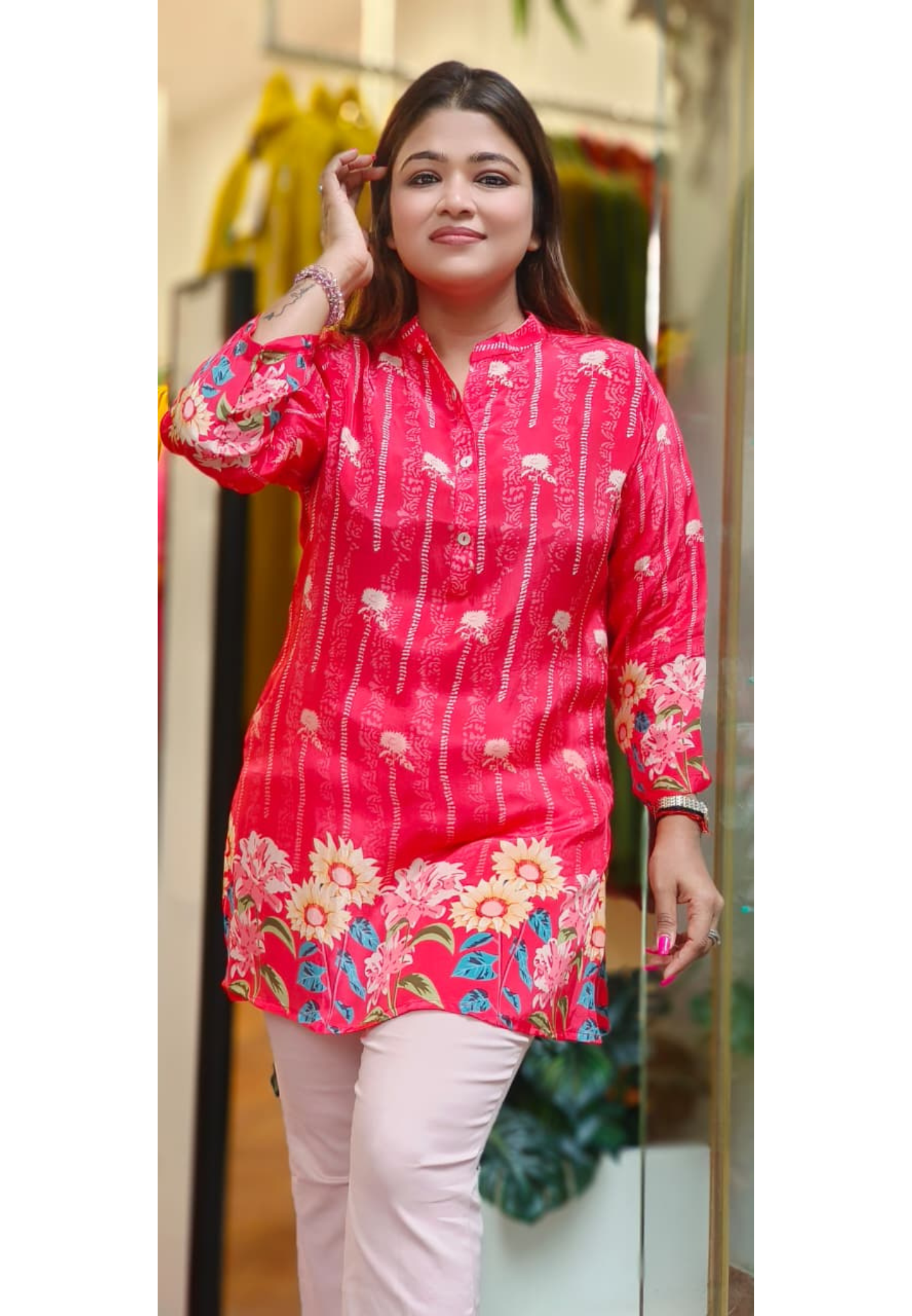 Pure Crepe Floral Print Short Kurti Only