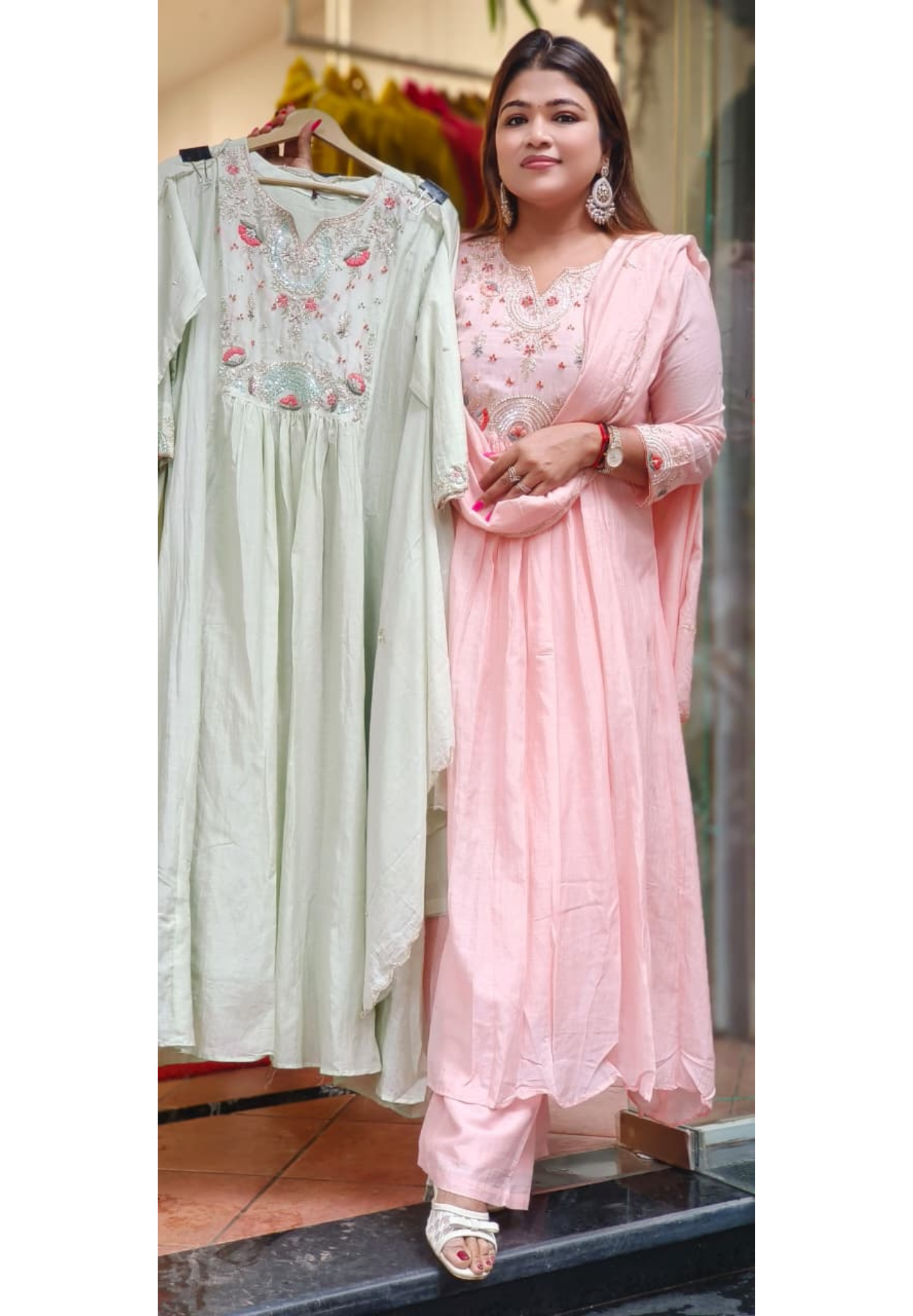 Beautiful Zardosi Handwork A-Line Full Suit Set With Dupatta In Surat Mul Chanderi- 10746 10745