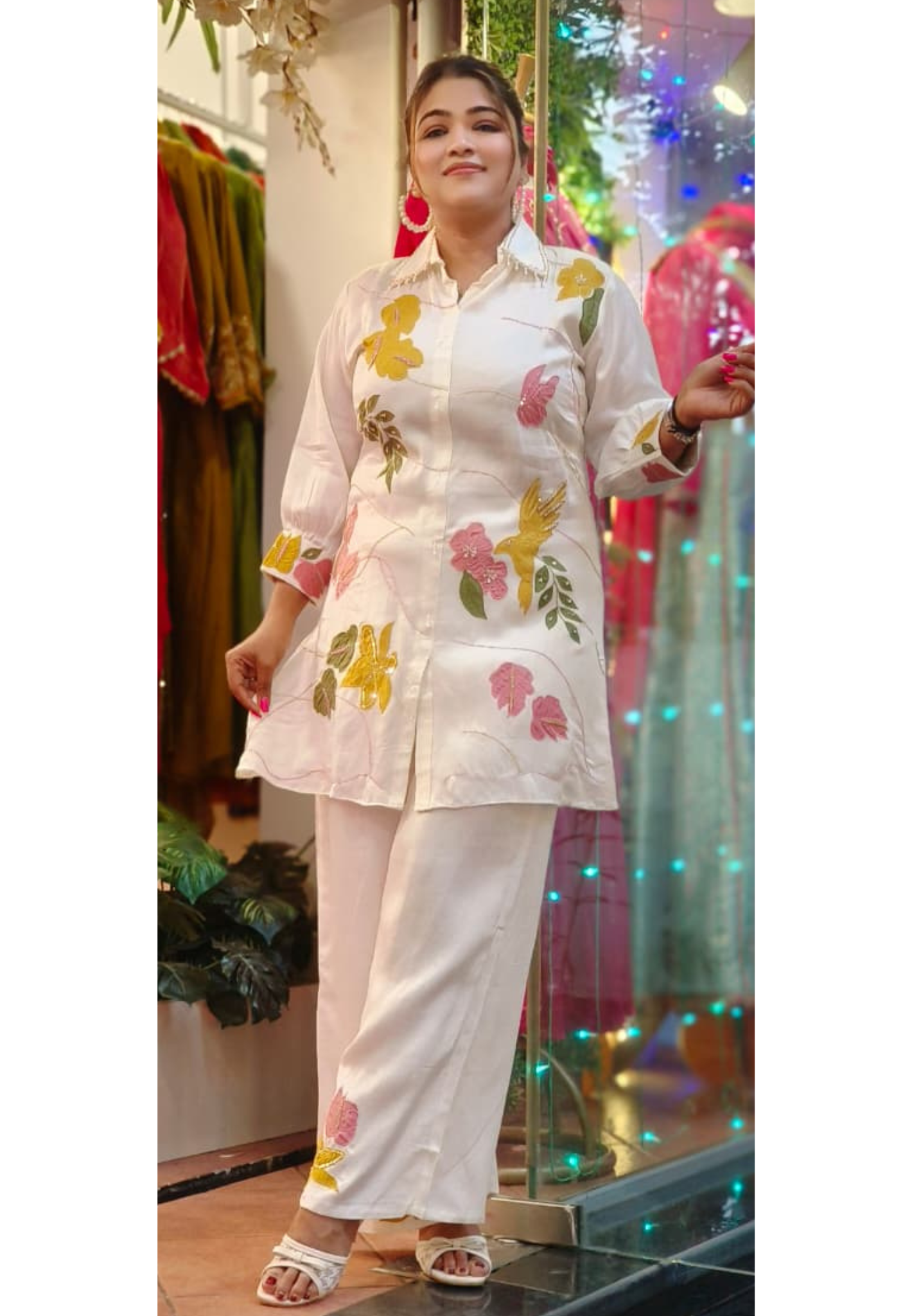 Graceful Leaves Collared Co-Ord Set With Embroidered Bottom In Organza Satin Fabric- 10781, 10782