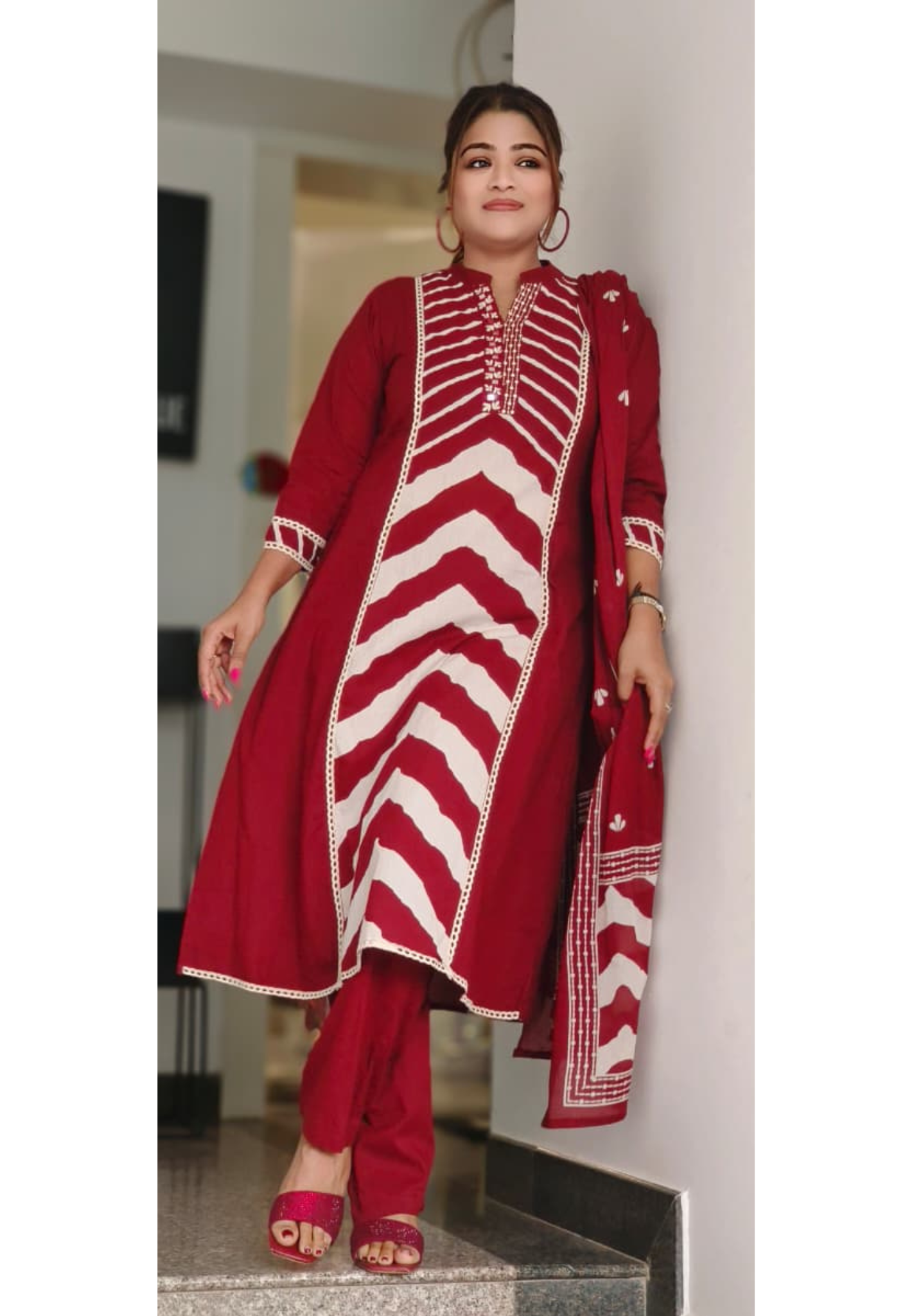 Striped Yoke Mandarin Collared Full Suit Set With Dupatta In Cotton Fabric- 10969, 10970