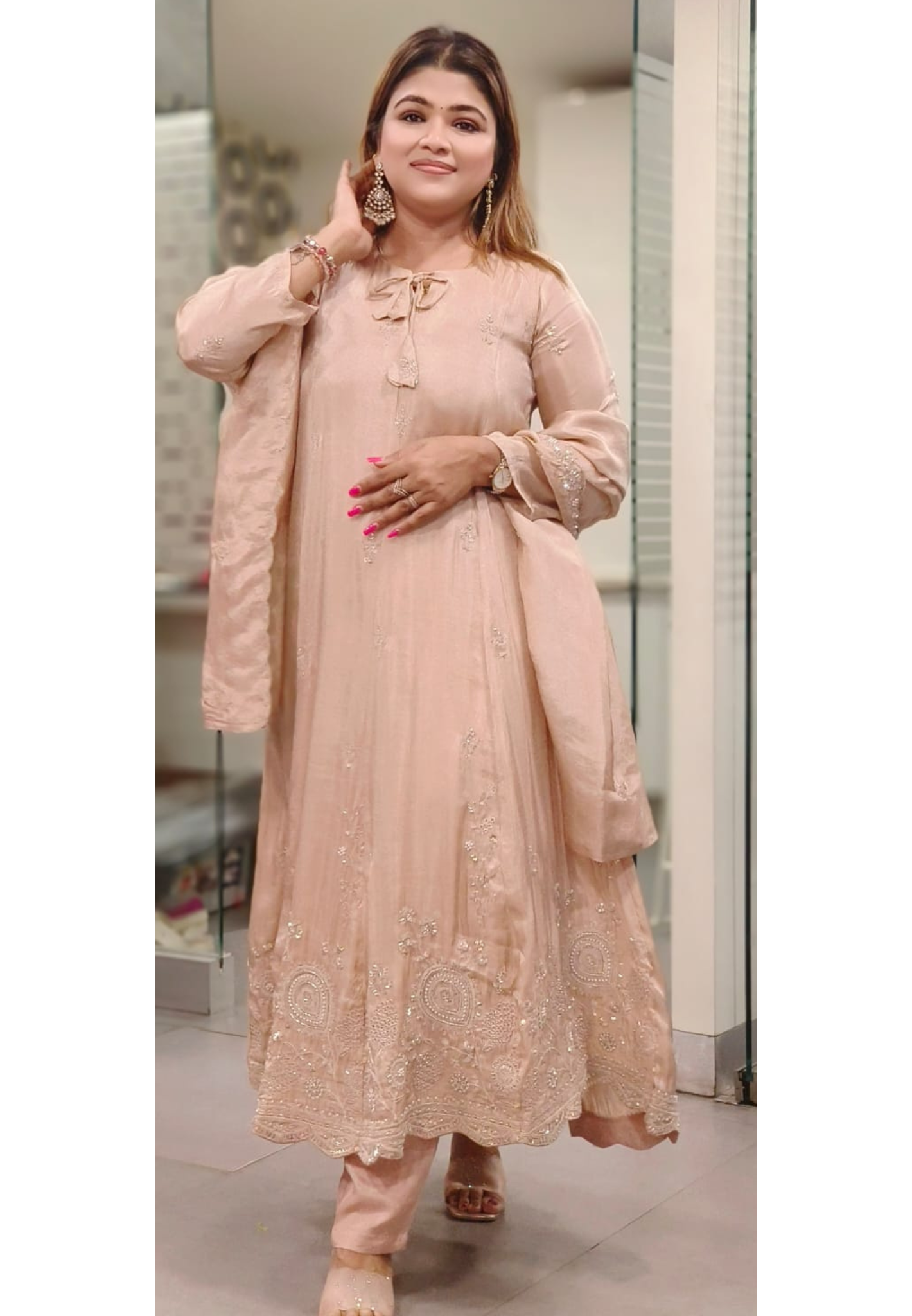 Very Elegant Panel Anarkali Full Suit Set With Dupatta In Shimmer Tissue Fabric With Heavy Handwork- 10946
