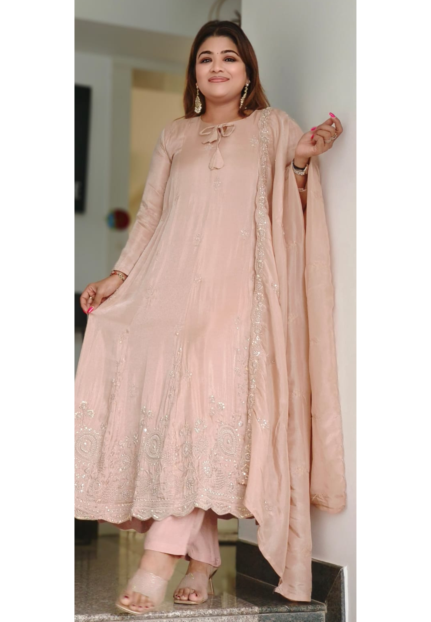 Very Elegant Panel Anarkali Full Suit Set With Dupatta In Shimmer Tissue Fabric With Heavy Handwork- 10946