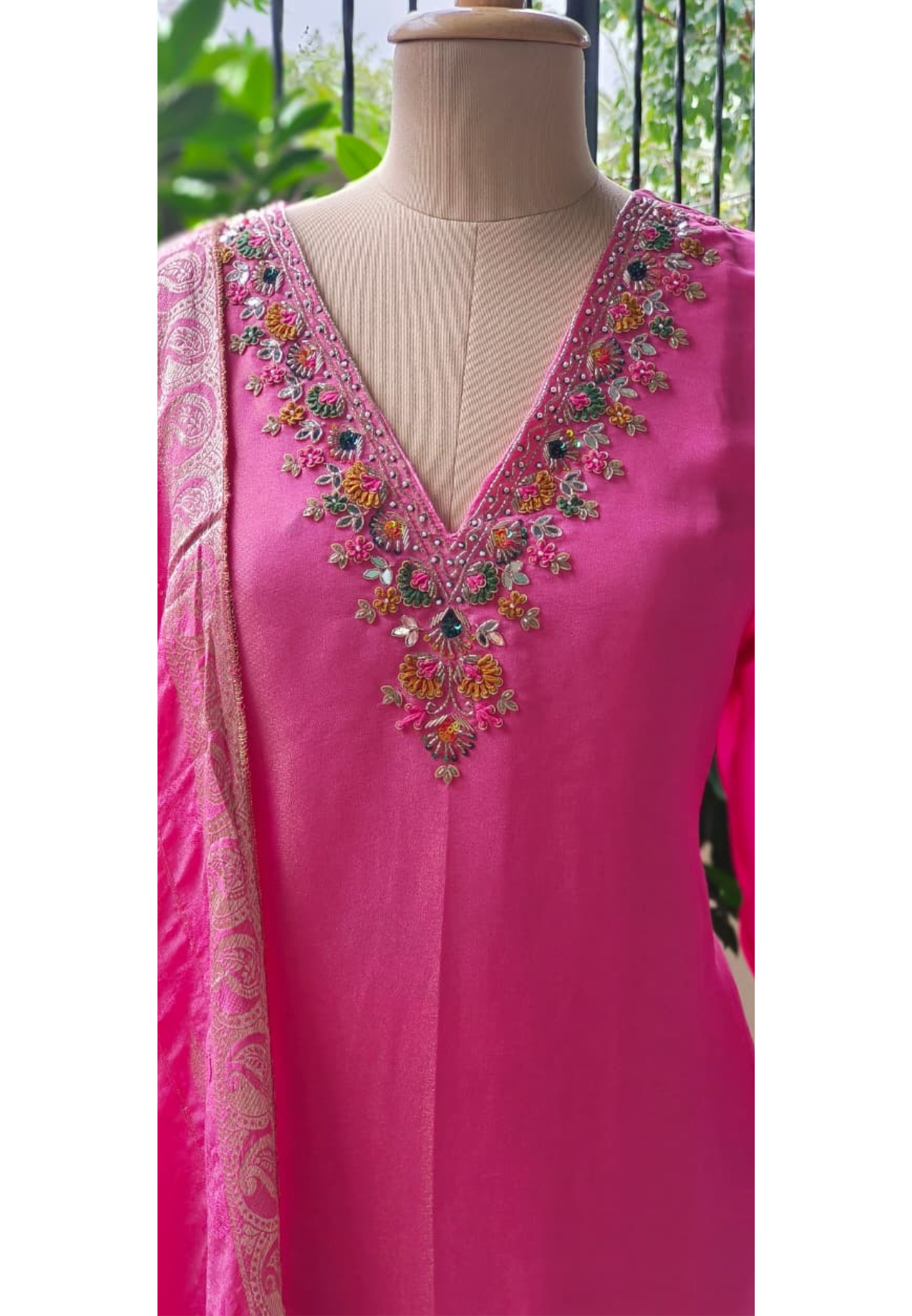 Colorful Floral Embroidery & Mirror Work Detailing Pink Full Suit Set With Dupatta In Tissue Fabric- 10977