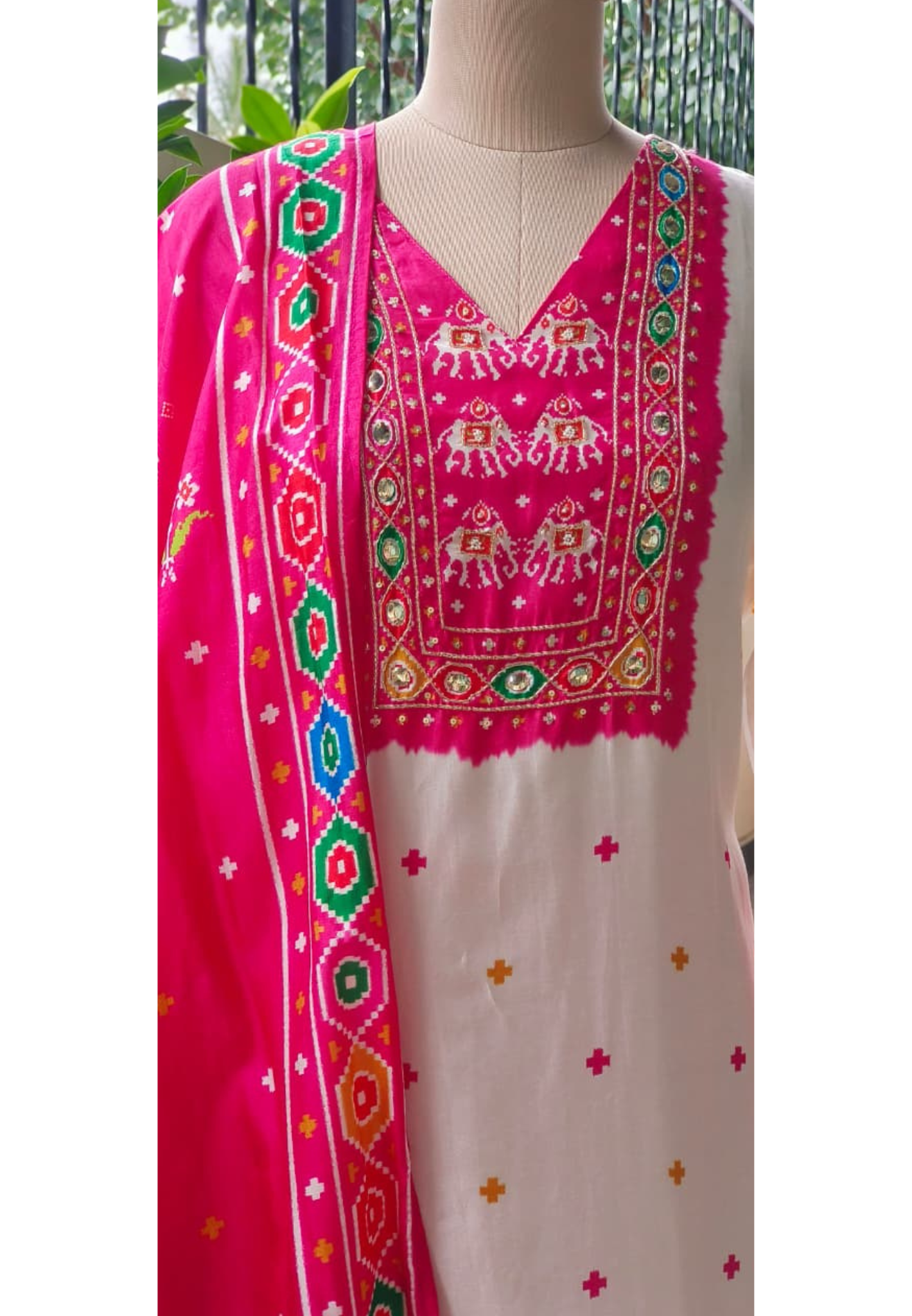 Rajasthani Prints Graceful Pink White Full Suit Set With Dupatta In Russian Silk Fabric-11011